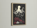 Oak Frame art print. This octopus canvas print is nautical wall art. This piece features coral reef art for coastal home decor. The light wood frame adds a natural touch. It's a great choice for ocean creature artwork.