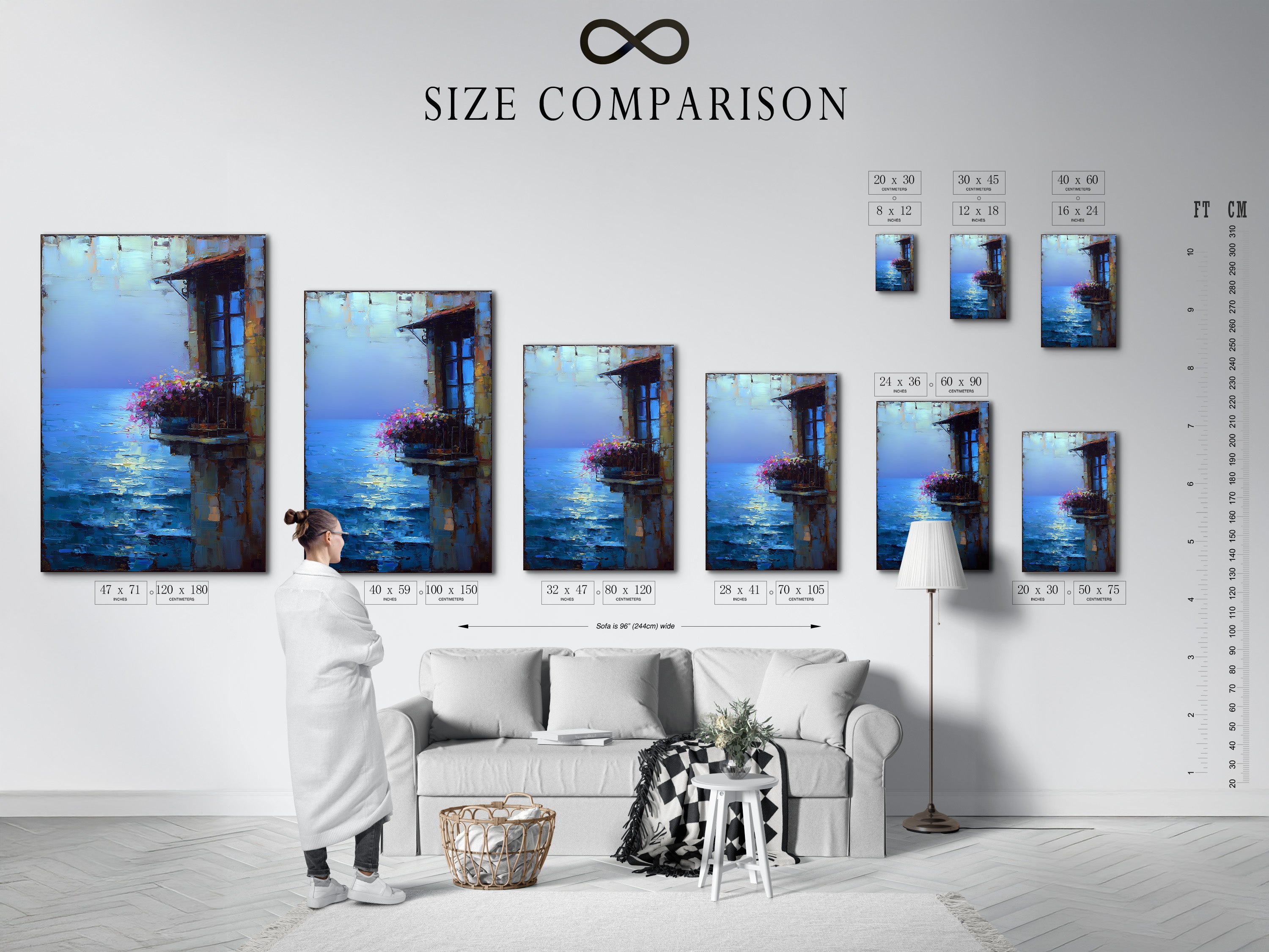 This size comparison chart in an interior setting helps visualize artwork dimensions. The Mediterranean art fits various spaces. It's great for interior decorators seeking blue wall art.