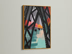 View our City Bridge artwork with a gold frame. The gold frame adds a touch of luxury to the urban artwork. This frame option elevates the teal and orange hues. Perfect for a sophisticated art display.