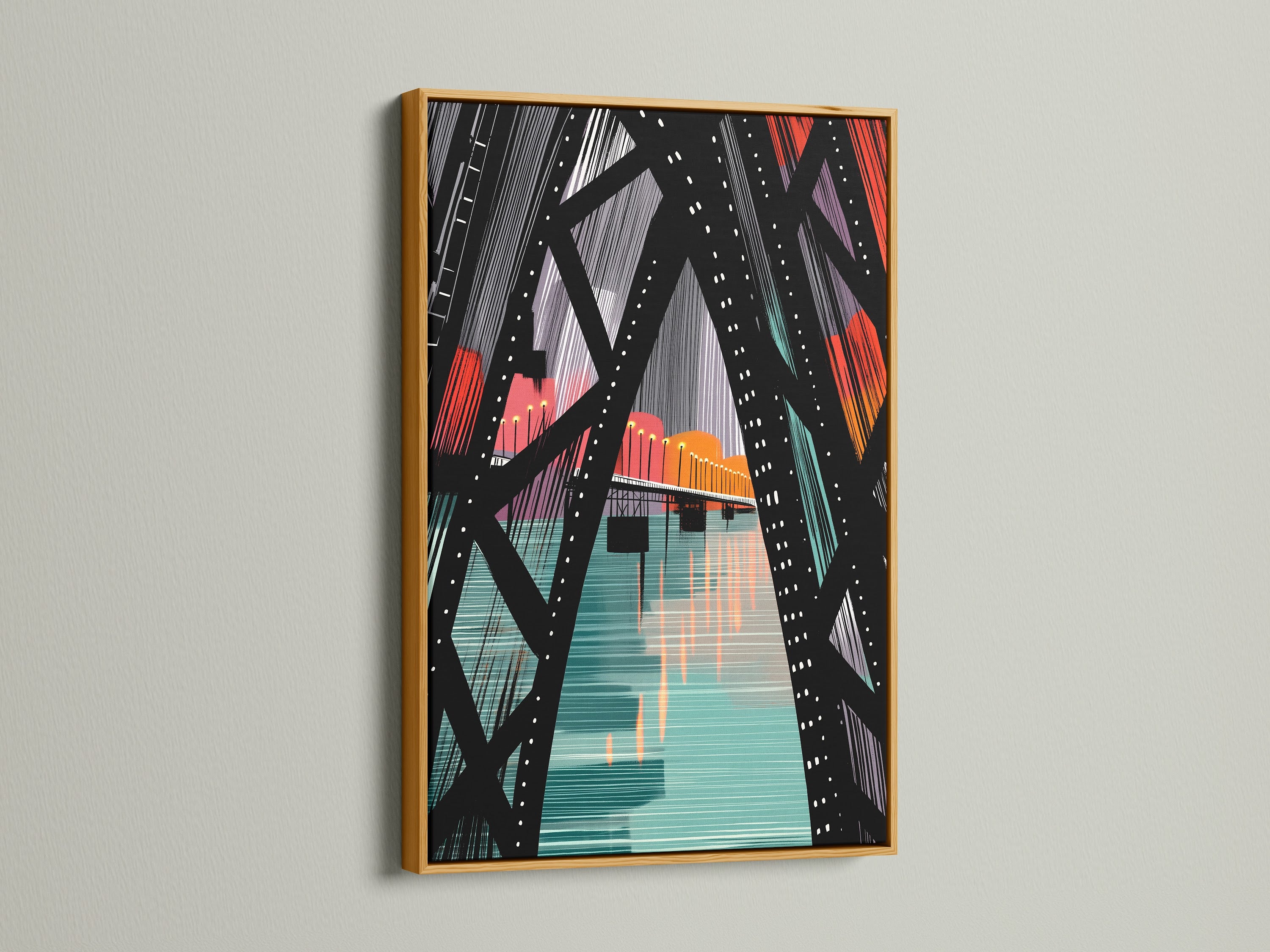 View our City Bridge artwork with a gold frame. The gold frame adds a touch of luxury to the urban artwork. This frame option elevates the teal and orange hues. Perfect for a sophisticated art display.
