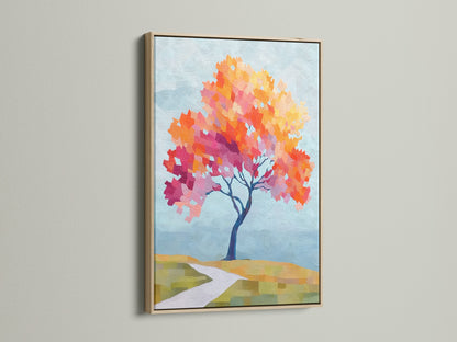 Oak frame showcasing the Autumn Tree Canvas Print. The artwork features vibrant fall colors wall art. A contemporary nature artwork enhances any space. It is perfect for living room wall art. The oak frame adds a touch of warmth.