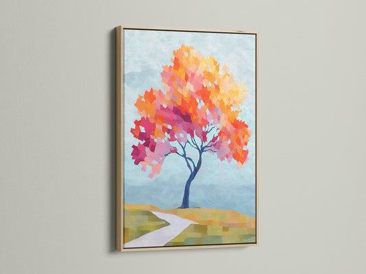 Oak frame showcasing the Autumn Tree Canvas Print. The artwork features vibrant fall colors wall art. A contemporary nature artwork enhances any space. It is perfect for living room wall art. The oak frame adds a touch of warmth.