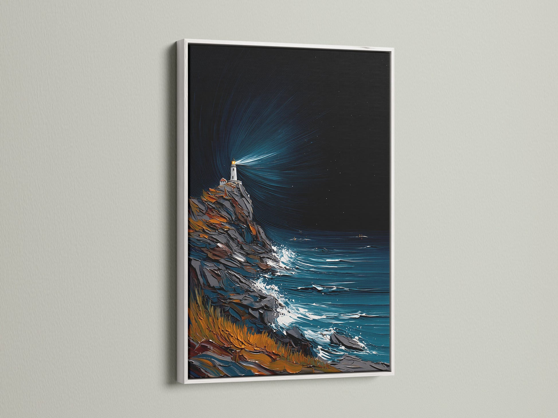 Lighthouse coastal artwork showcased in a white frame. The white frame adds a clean touch to the nautical print. Great for renters and coastal boutique owners. A refined piece of maritime wall art.