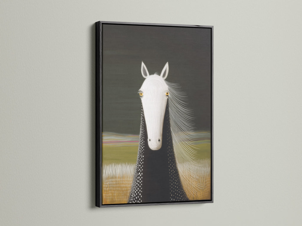 A striking black frame displays a horse portrait canvas print. This modern wall art fits any minimalist or farmhouse aesthetic. Ideal for decorating living rooms stables or offices. This animal canvas makes a great horse lover gift.