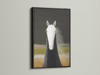 A striking black frame displays a horse portrait canvas print. This modern wall art fits any minimalist or farmhouse aesthetic. Ideal for decorating living rooms stables or offices. This animal canvas makes a great horse lover gift.