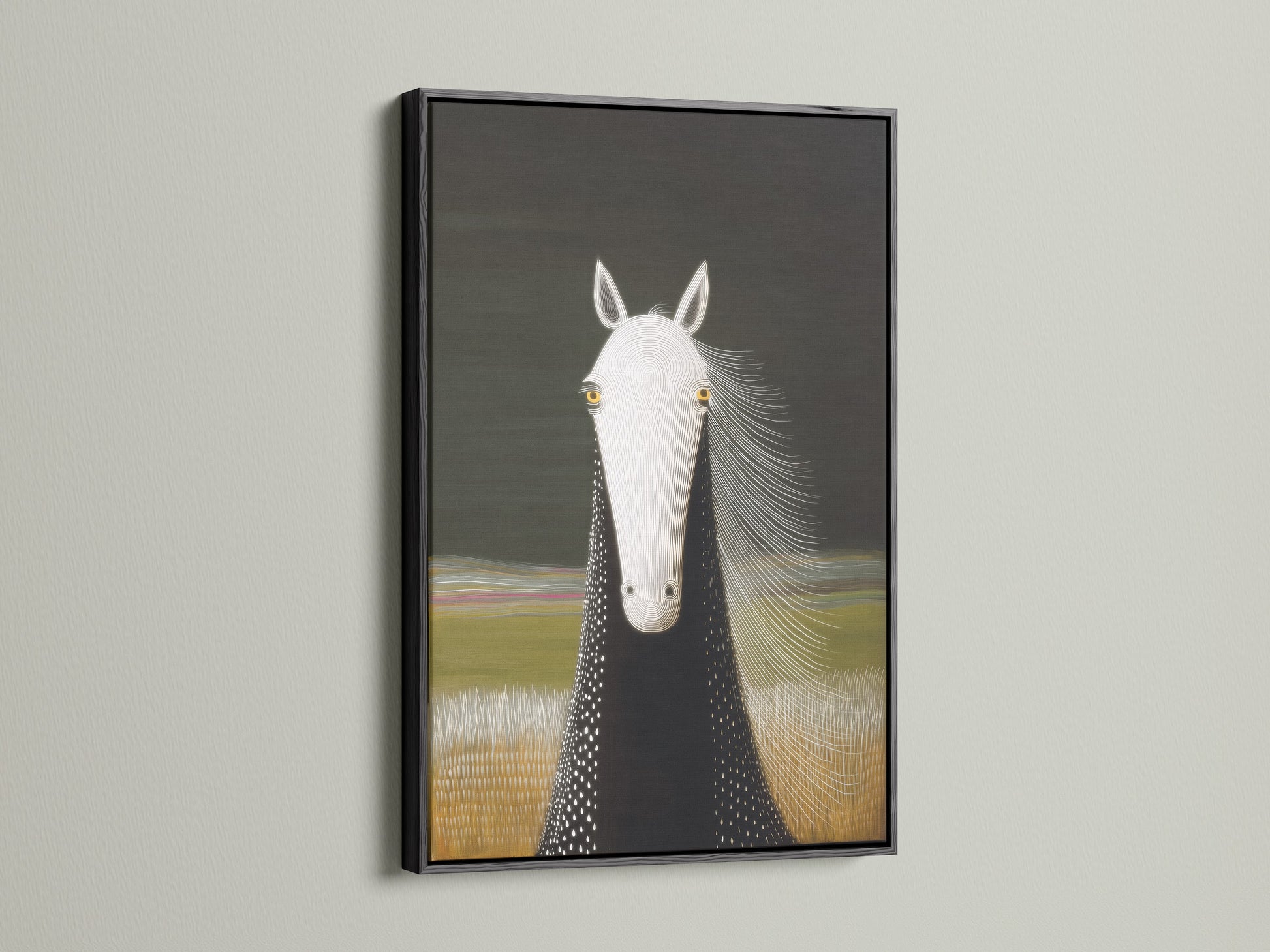 A striking black frame displays a horse portrait canvas print. This modern wall art fits any minimalist or farmhouse aesthetic. Ideal for decorating living rooms stables or offices. This animal canvas makes a great horse lover gift.