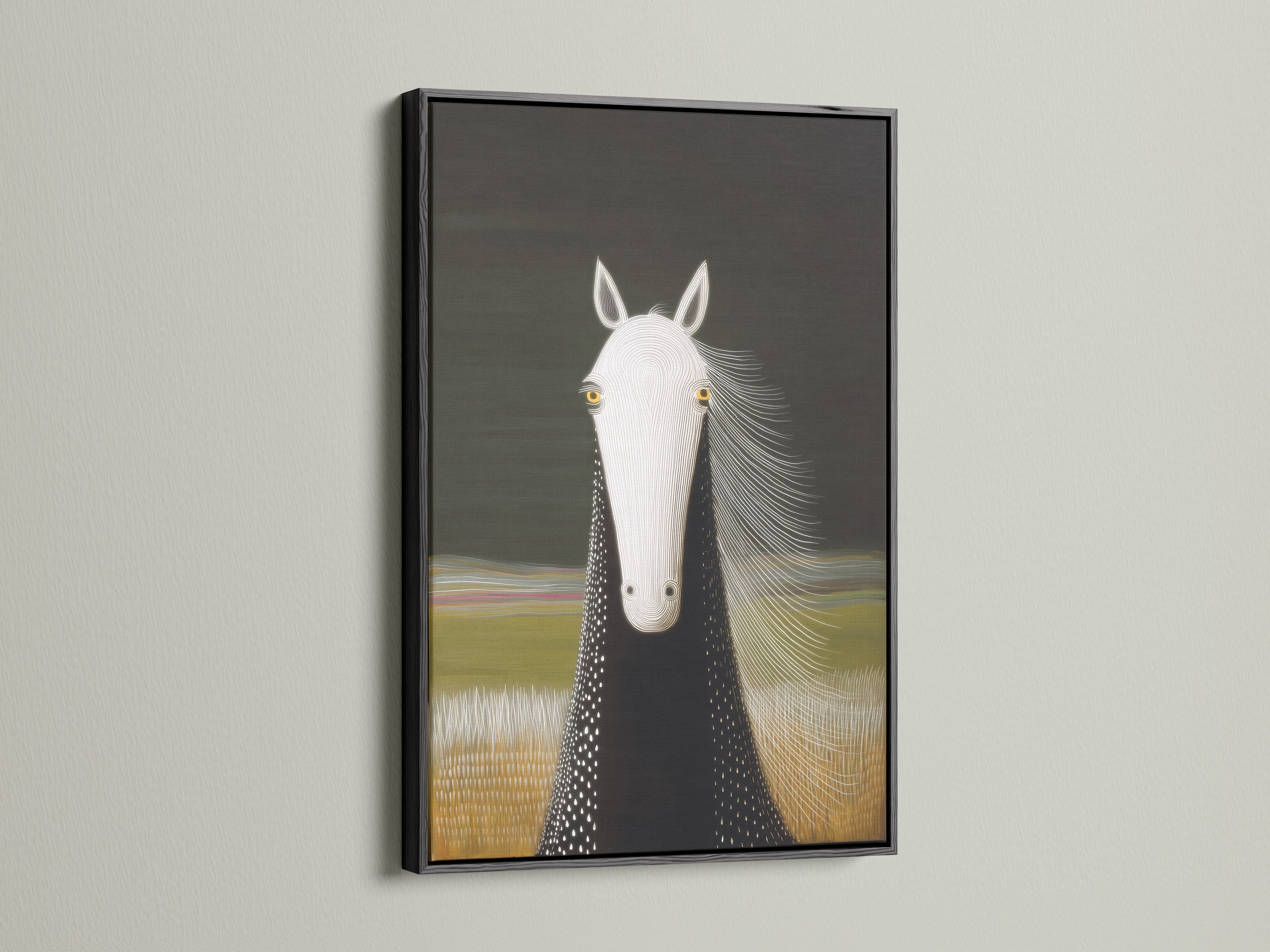 A striking black frame displays a horse portrait canvas print. This modern wall art fits any minimalist or farmhouse aesthetic. Ideal for decorating living rooms stables or offices. This animal canvas makes a great horse lover gift.