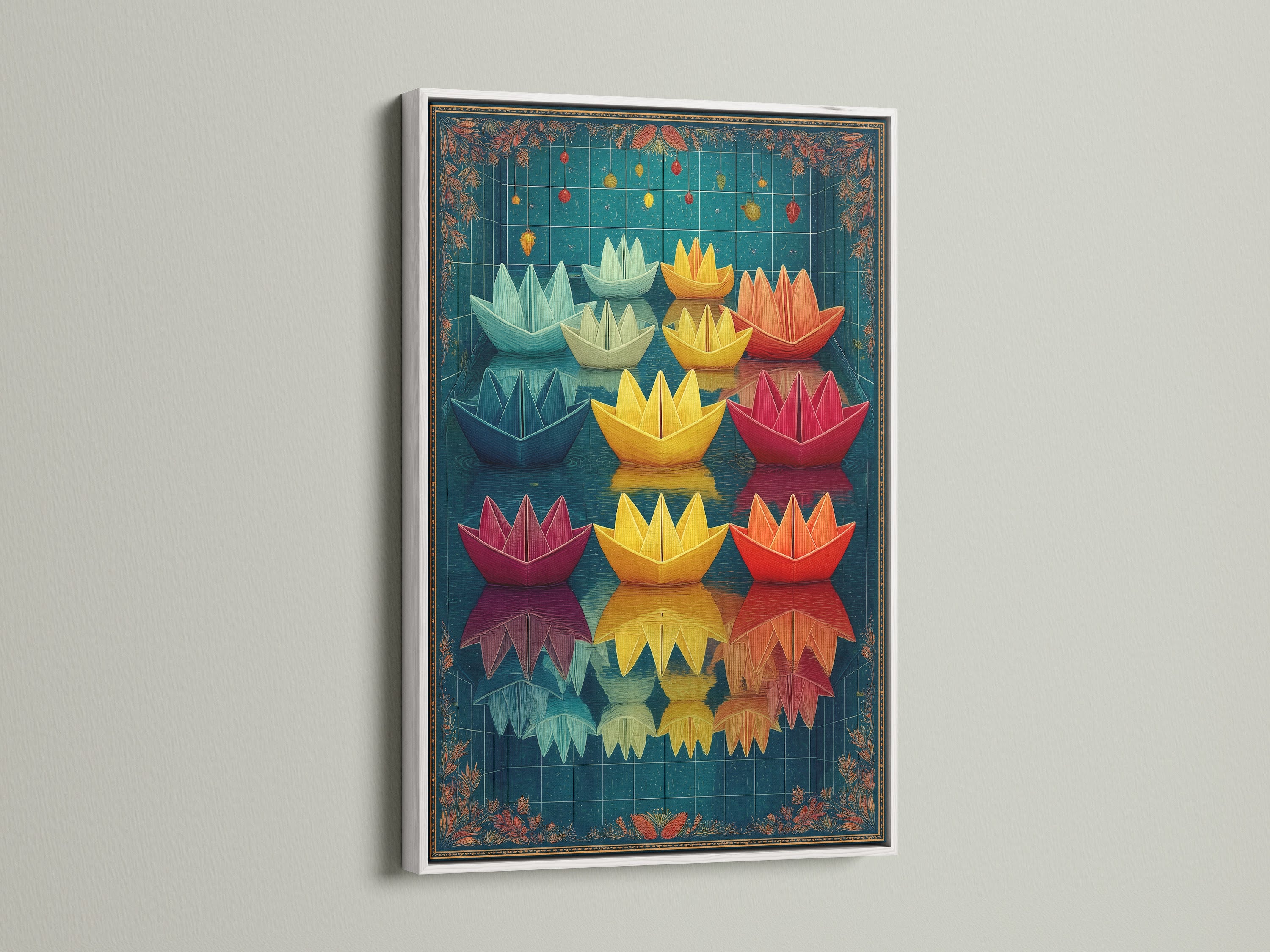 Paper Boat Canvas Print with a White Frame. This nursery decor artwork features teal and red colors. It's a great addition to a playroom. The white frame enhances the colorful origami print.
