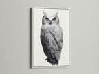 Elevate your decor with this owl artwork in a white frame. The wildlife canvas showcases modern animal art. This bird art print is perfect for adding style to your walls. A great addition to any space.