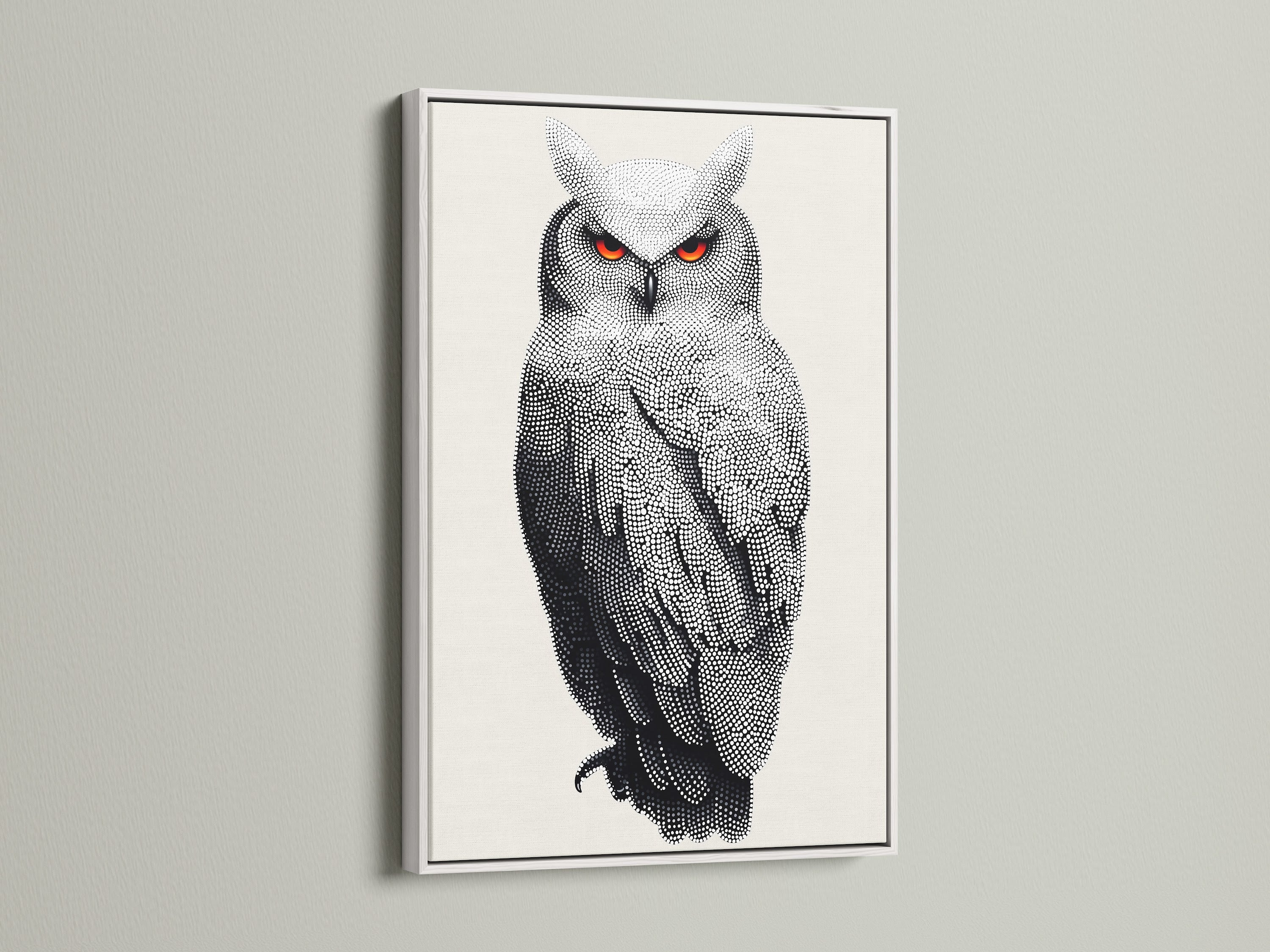 Elevate your decor with this owl artwork in a white frame. The wildlife canvas showcases modern animal art. This bird art print is perfect for adding style to your walls. A great addition to any space.