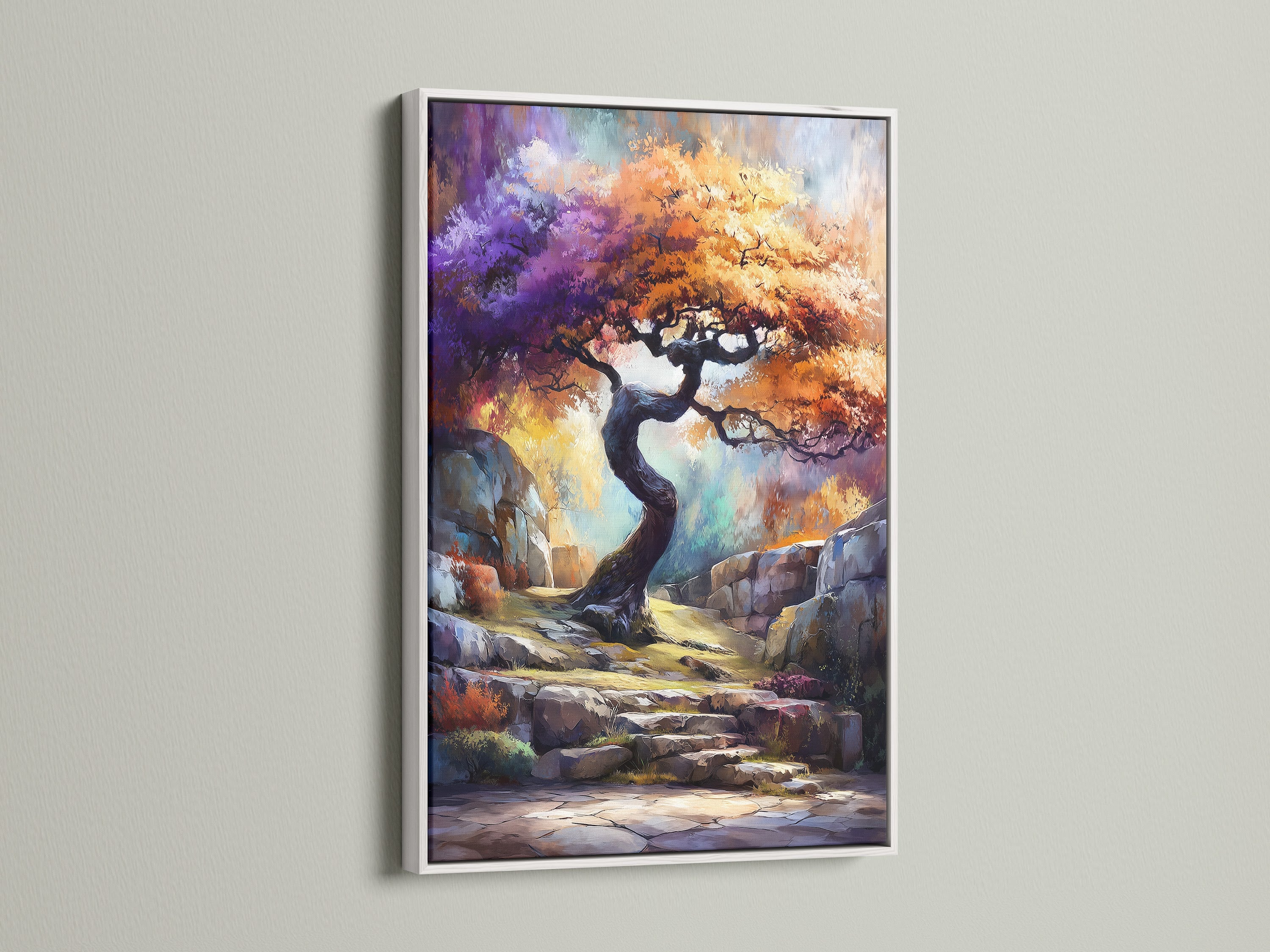 A white frame showcases the mystical tree art beautifully. This fantasy landscape wall art is ideal for a modern aesthetic. The colorful nature artwork will brighten your bedroom decor. This art brings a peaceful feel.