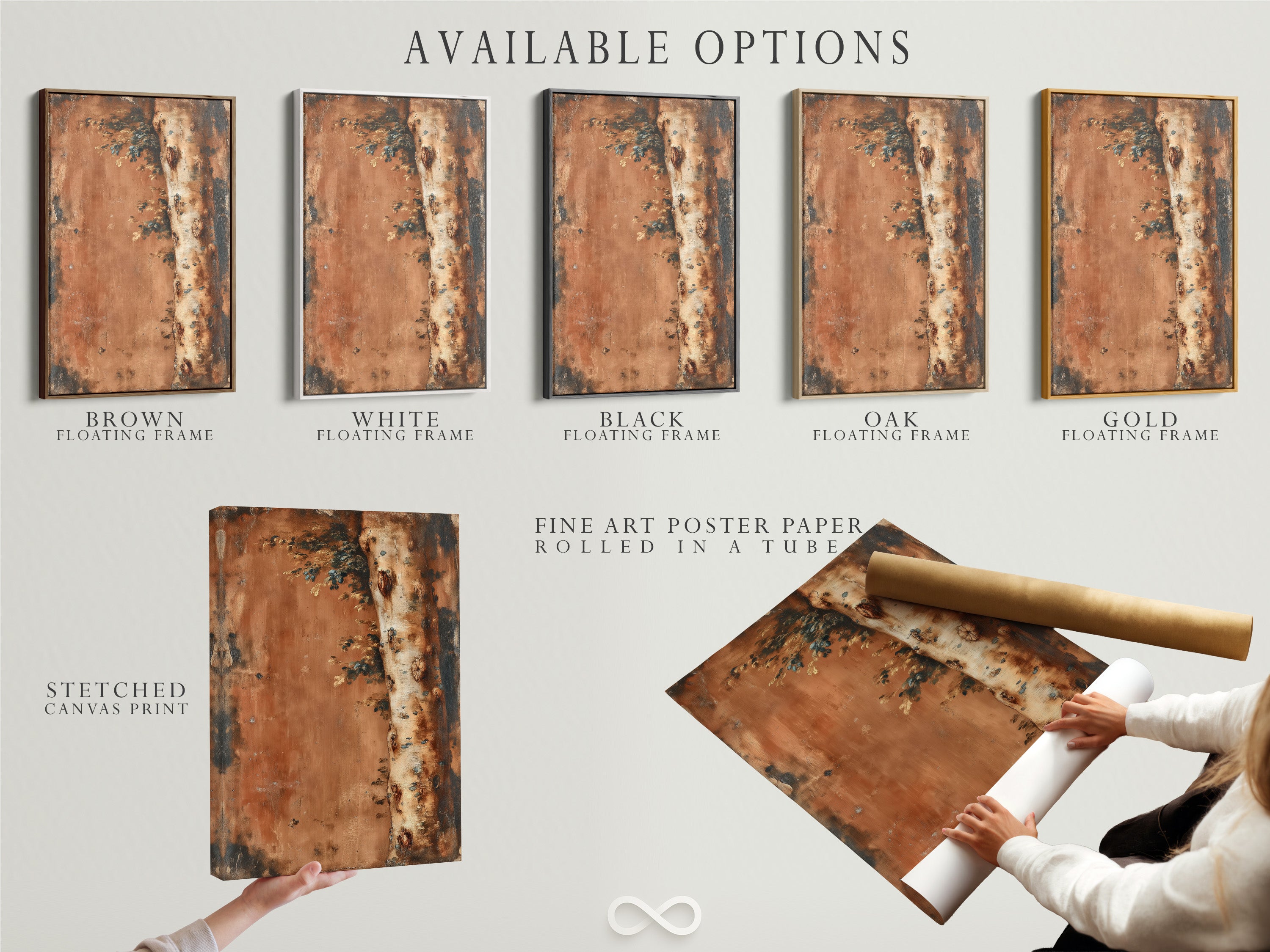 Available options for weathered metal artwork. Choose between stretched canvas print. You can also select fine art poster paper. Another option is a floating frame. Customize your artwork to fit your style. Find the perfect option for your home decor. The options are versatile and stylish.