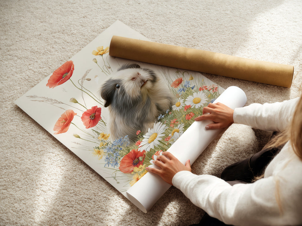 Guinea Pig Art Print - Cute Animal Wall Decor, Wildflower Meadow Illustration, Nursery Art, Pet Lover Gift, Nature Print