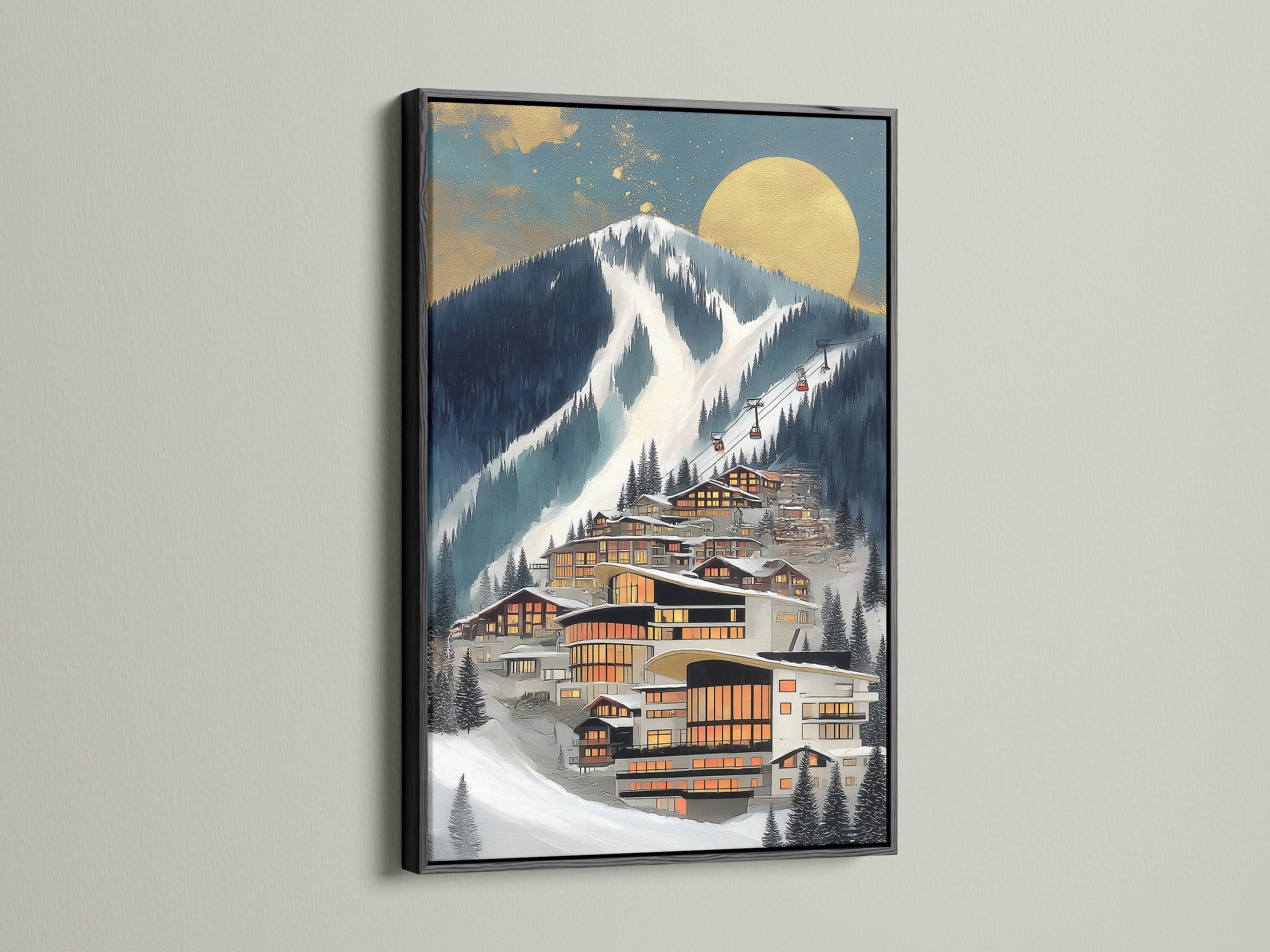A framed Alpine Village artwork is displayed. The frame is black. The snow village art is a refined piece. It complements minimalist and Scandinavian styles. Suitable for studios and mountain resorts.