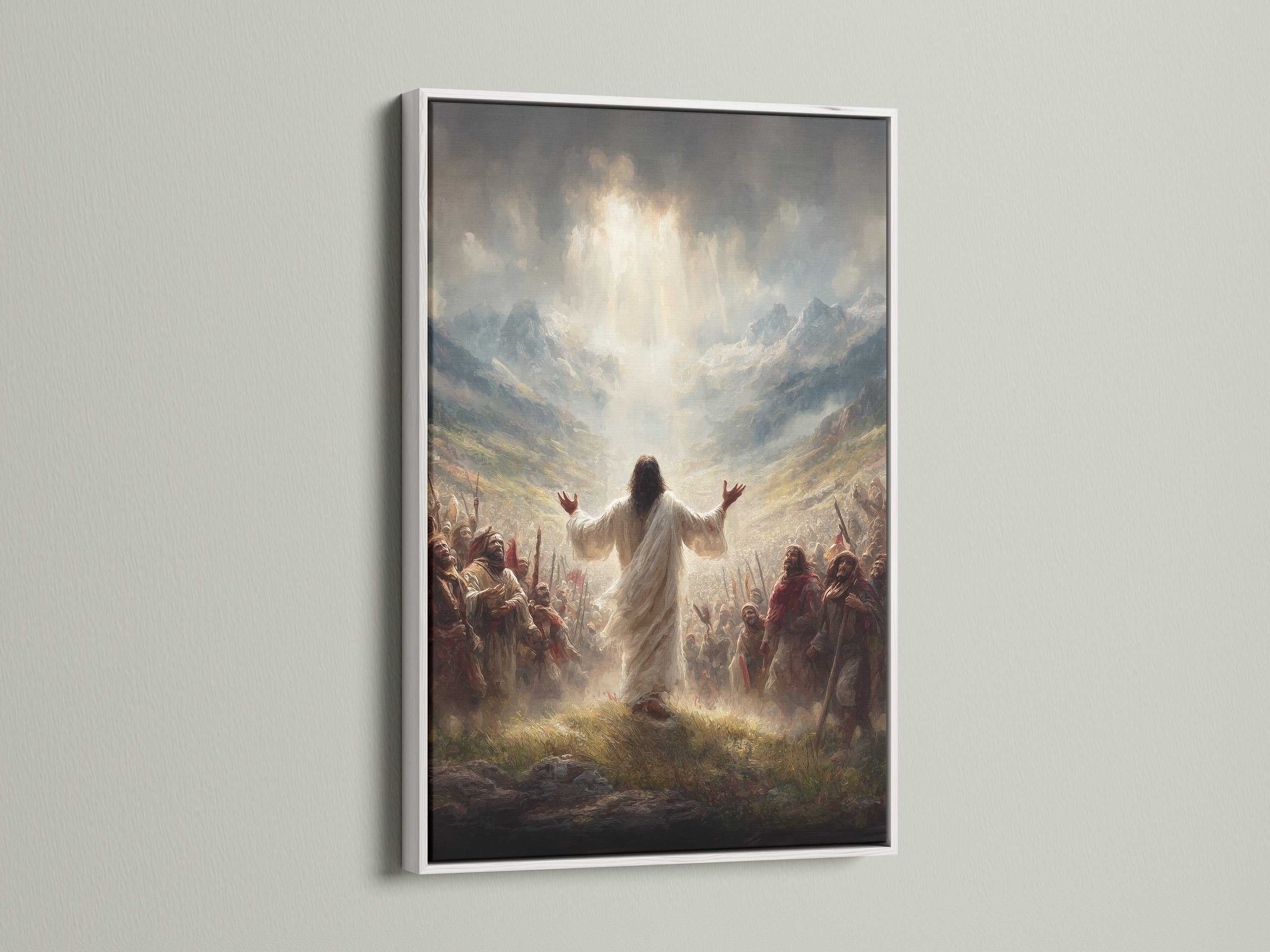 View the Jesus Christ artwork in a white frame. This faith artwork brings a clean look to your walls. Great for spiritual decor in bedrooms or studies. Shop our religious wall art now for a serene touch.