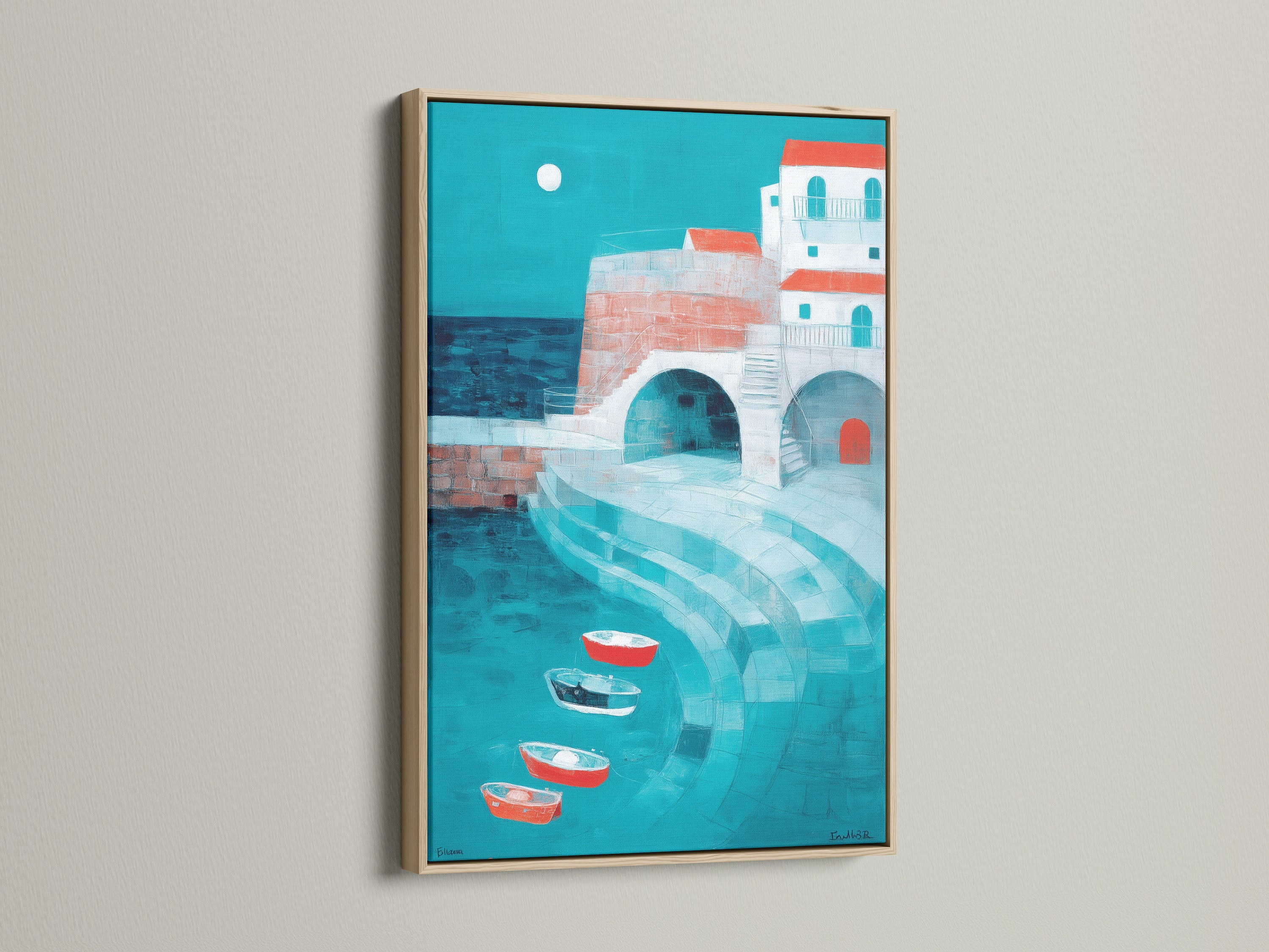 This artwork showcases a coastal village print framed in oak. The natural wood complements the turquoise seascape. A peaceful scene of boats and architecture is captured. The oak frame enhances the artwork’s warmth and character. Discover how an oak frame can elevate your home decor.