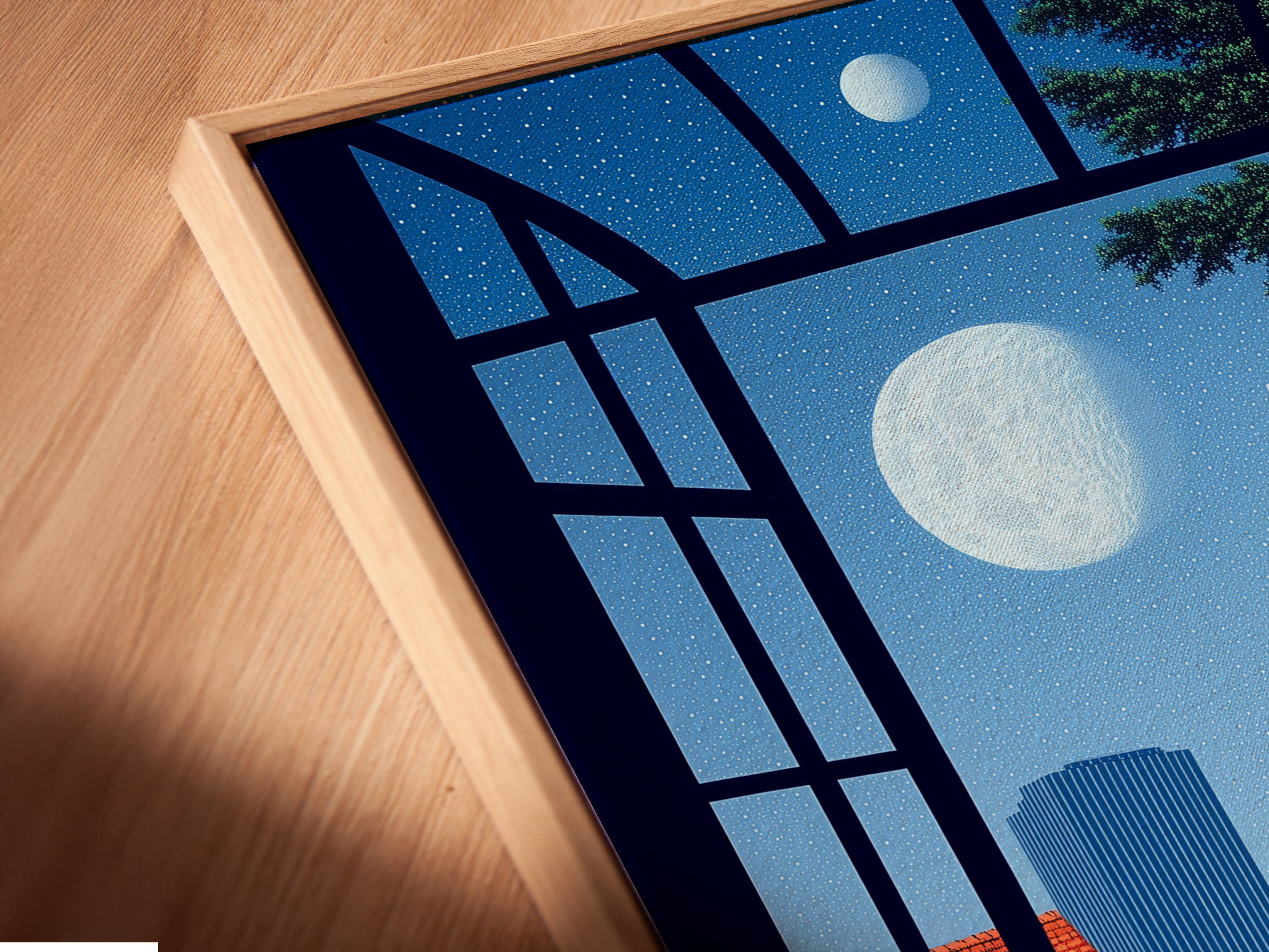 A close-up shot of a canvas print in a floating frame. It presents a captivating cityscape window view. The artwork enhances the details and texture. Perfect for adding a modern touch to your living space. Notice the artistry.