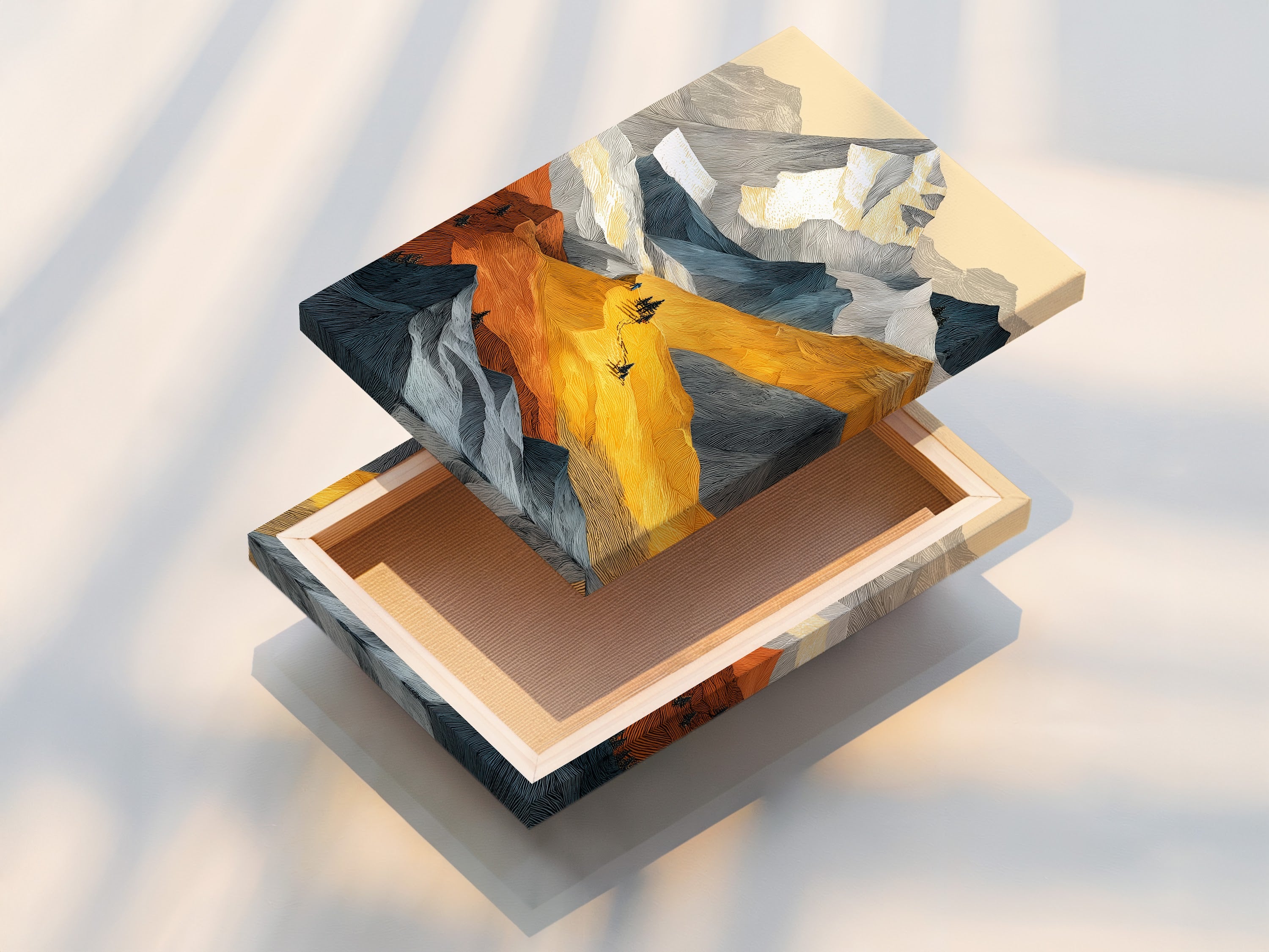 This is a stretched canvas print of mountain art. Alpine peaks are displayed with golden autumn colors. The modern nature print is ready to hang. Enhance your home with this scenic art print.