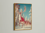 Winter Deer canvas art in a gold frame hangs on a white wall. This Christmas art features a snowy landscape and a beige-teal color palette. It's perfect for creating a festive winter scene in any space. The golden frame adds elegance.