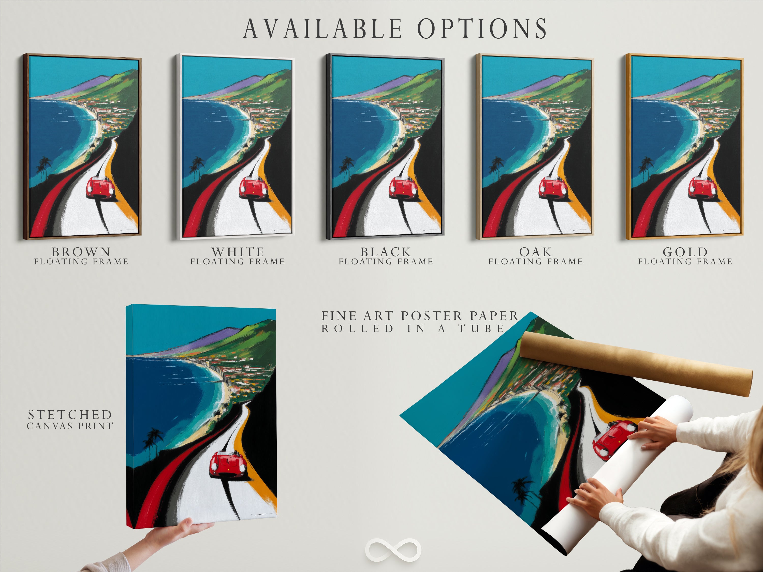 Available options for the Coastal Road Trip artwork are displayed. Choose from a stretched canvas print a fine art poster paper or a floating frame. This vintage car travel poster suits any decor. Perfect for adding a retro touch.