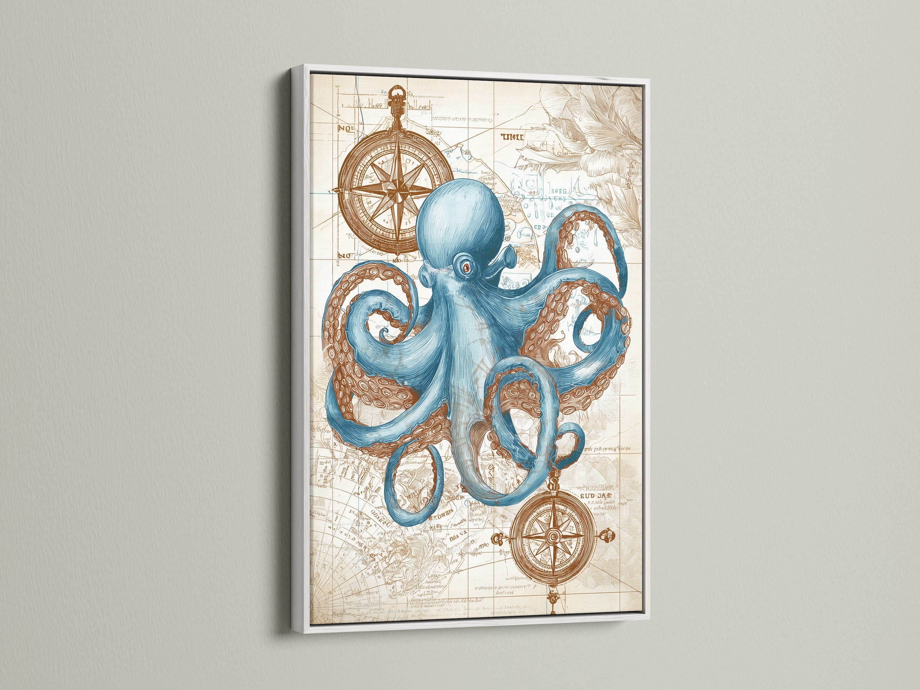 This captivating artwork features an octopus art piece. It is framed in a clean white frame. The blue octopus art is set against a nautical map backdrop. The white frame adds a modern touch to the artwork. This piece is perfect for brightening up any space with marine-inspired art