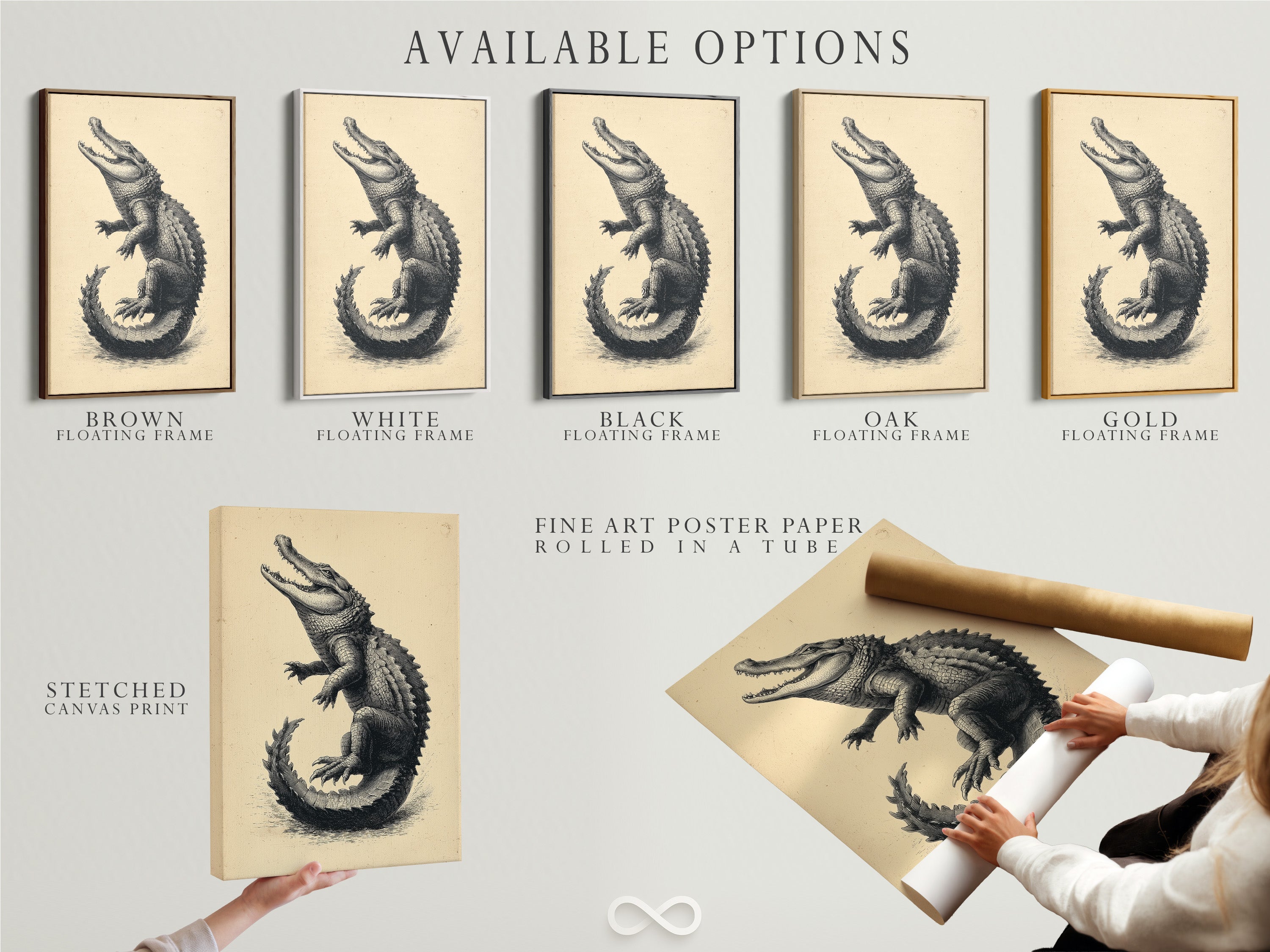 Available options for vintage alligator artwork. Choose from stretched canvas print fine art poster paper or floating frame. Customize your antique reptile wall art to fit your personal style. Enhance your space.