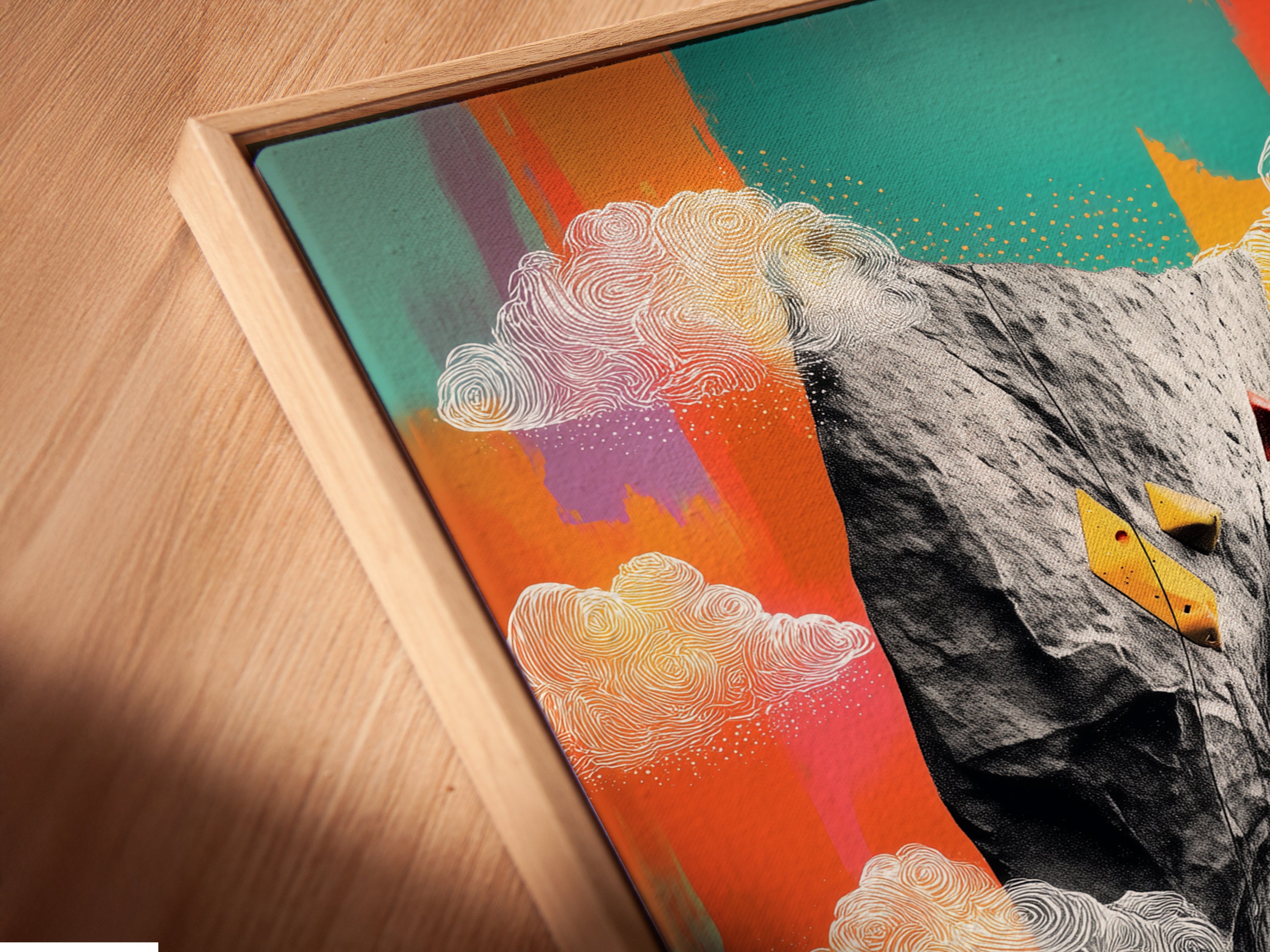 Close up of a canvas print in a floating frame. The art shows a climber on a mountain landscape. The floating frame gives a modern touch. Perfect for adding a touch of adventure to your wall decor.