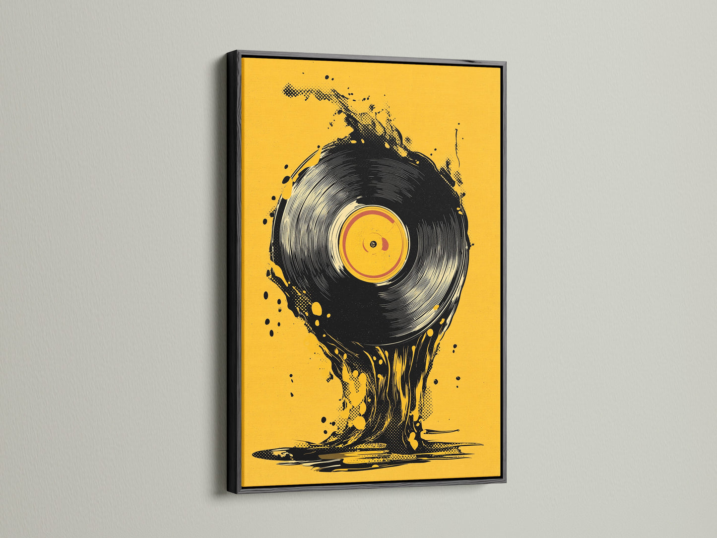 A black frame presents a vinyl record artwork. The sleek black finish adds a touch of sophistication. This frame creates a striking contrast enhancing the artwork. Black frames are a classic choice for a modern aesthetic.