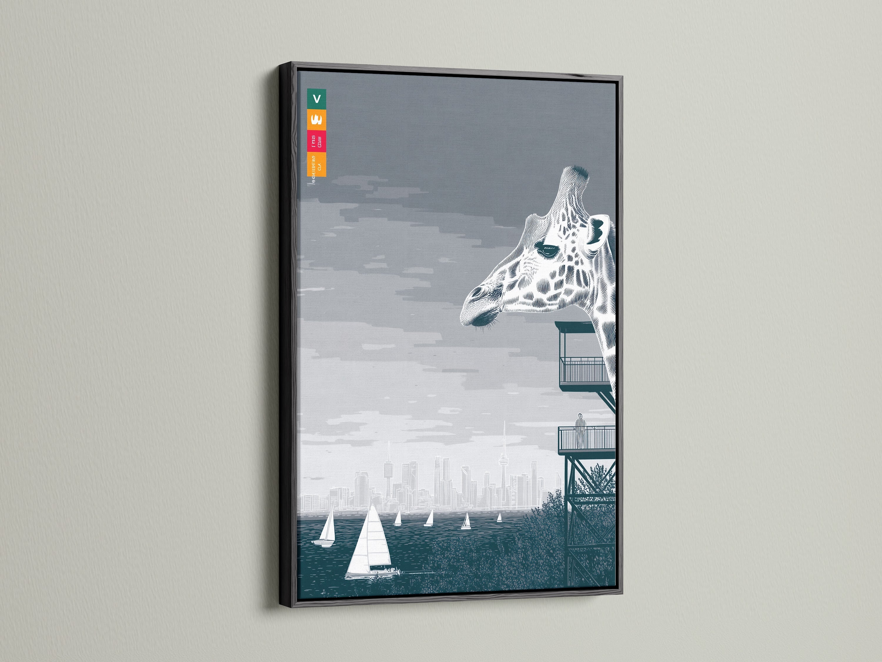 This giraffe art canvas print showcases a city skyline and sailboats in a sleek black frame. The modern gray and blue artwork creates a sophisticated look. Ideal for adding a contemporary touch to your wall decor.