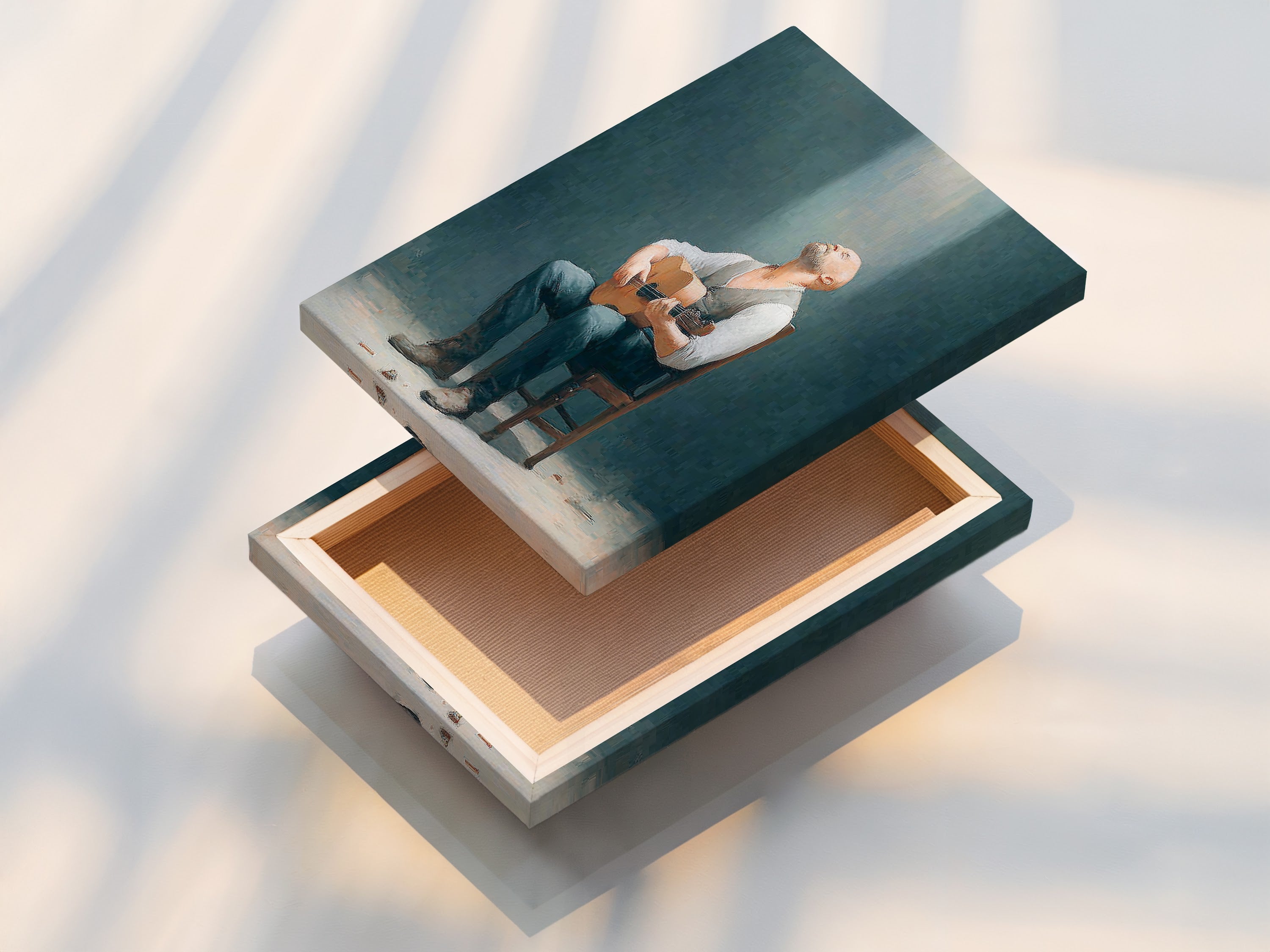 This is a stretched canvas print of rustic man with guitar art. Ready to hang and enjoy. Ideal for music room decor. Transform your space with vintage-style wall art today