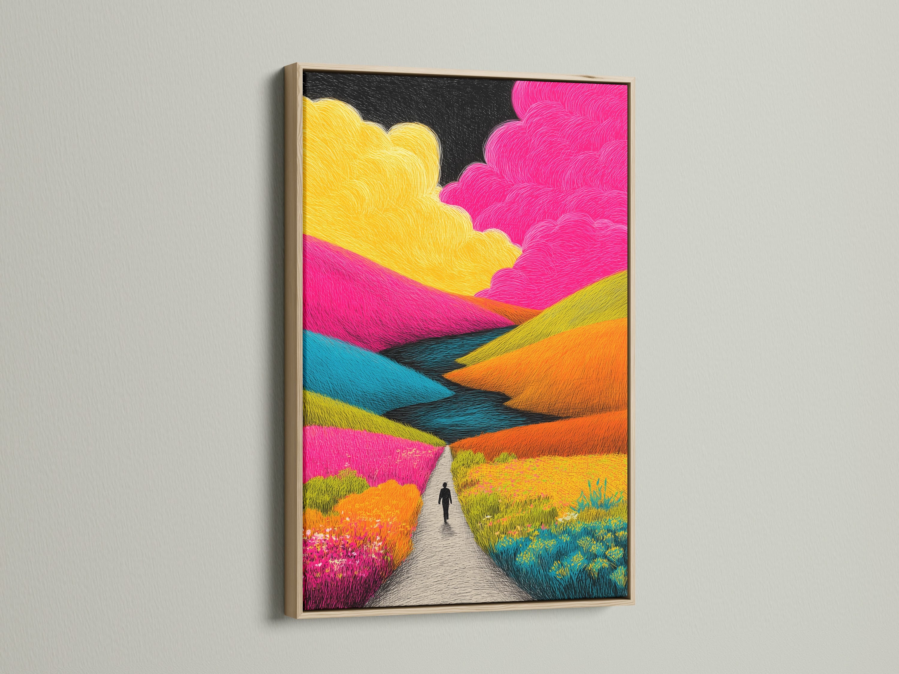 This is an oak frame art print. The artwork is displayed on a wall. The frame has a wood grain. Enhance your home decor with framed art. This frame brings warmth and nature indoors.