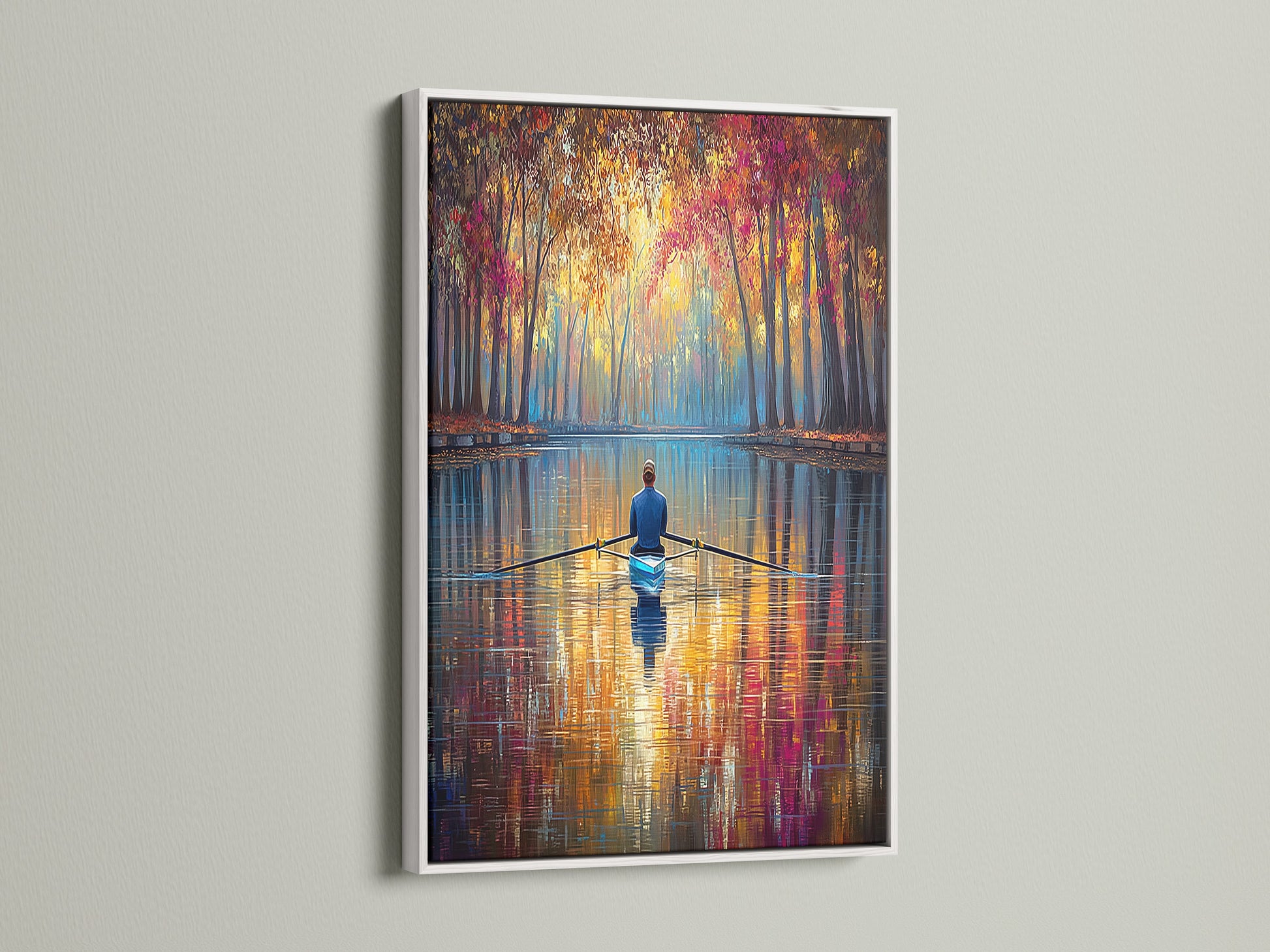Showcase your rowing artwork with a clean white frame. The white frame provides a modern contrast to the impressionist art. This nature artwork becomes a focal point in any room. Perfect for homeowners seeking minimalist wall art. Enjoy the serene beauty of this framed canvas print.
