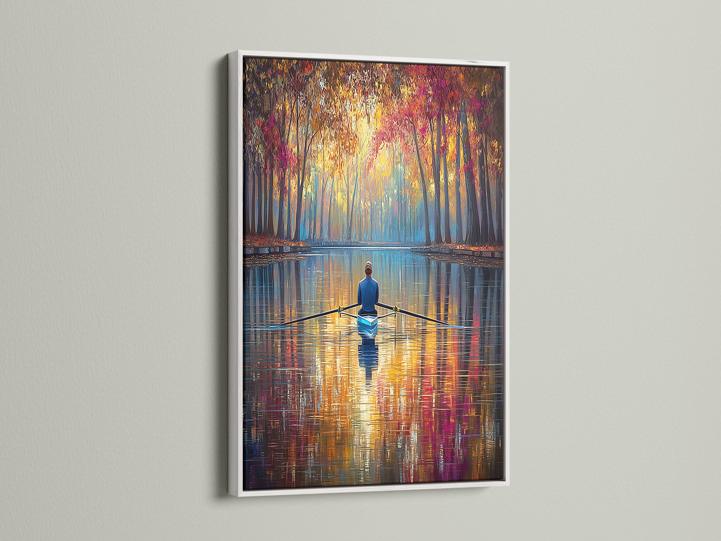 Showcase your rowing artwork with a clean white frame. The white frame provides a modern contrast to the impressionist art. This nature artwork becomes a focal point in any room. Perfect for homeowners seeking minimalist wall art. Enjoy the serene beauty of this framed canvas print.
