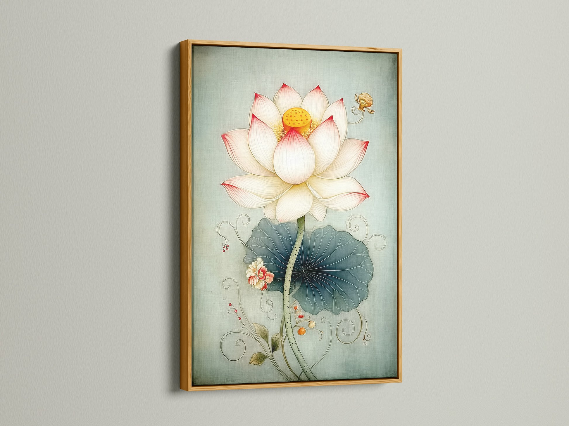 Lotus Flower artwork with a gold frame. Elevate your space with this serene art print. This calming wall art is a great choice for lobbies studios. Discover floral home decor to enhance your space.