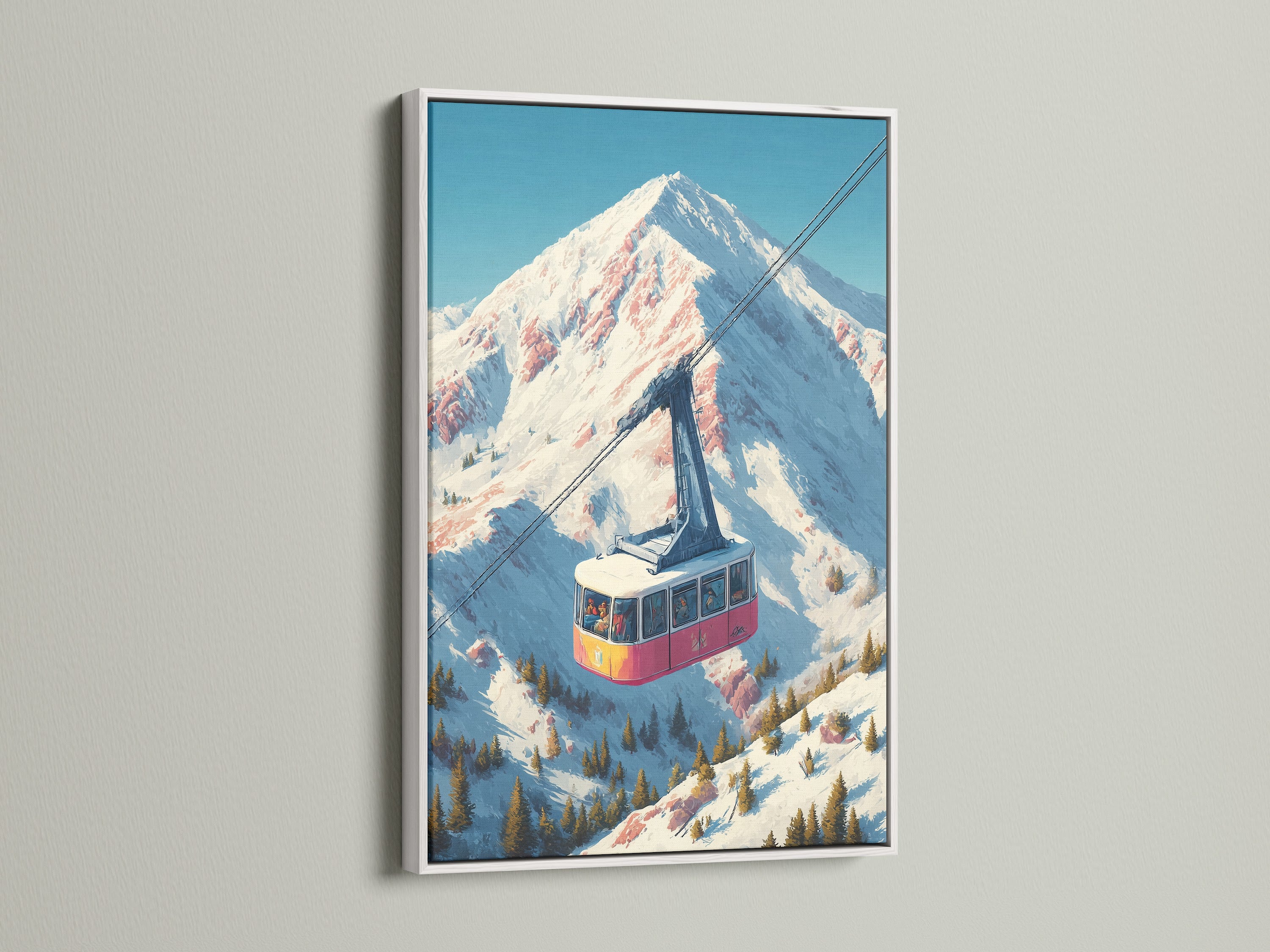 Vintage ski lift art print in a white frame. The artwork displays an alpine mountain cable car scene. Perfect retro winter sports poster for cabin wall decor. Elevate your space with lodge-style mountain artwork.