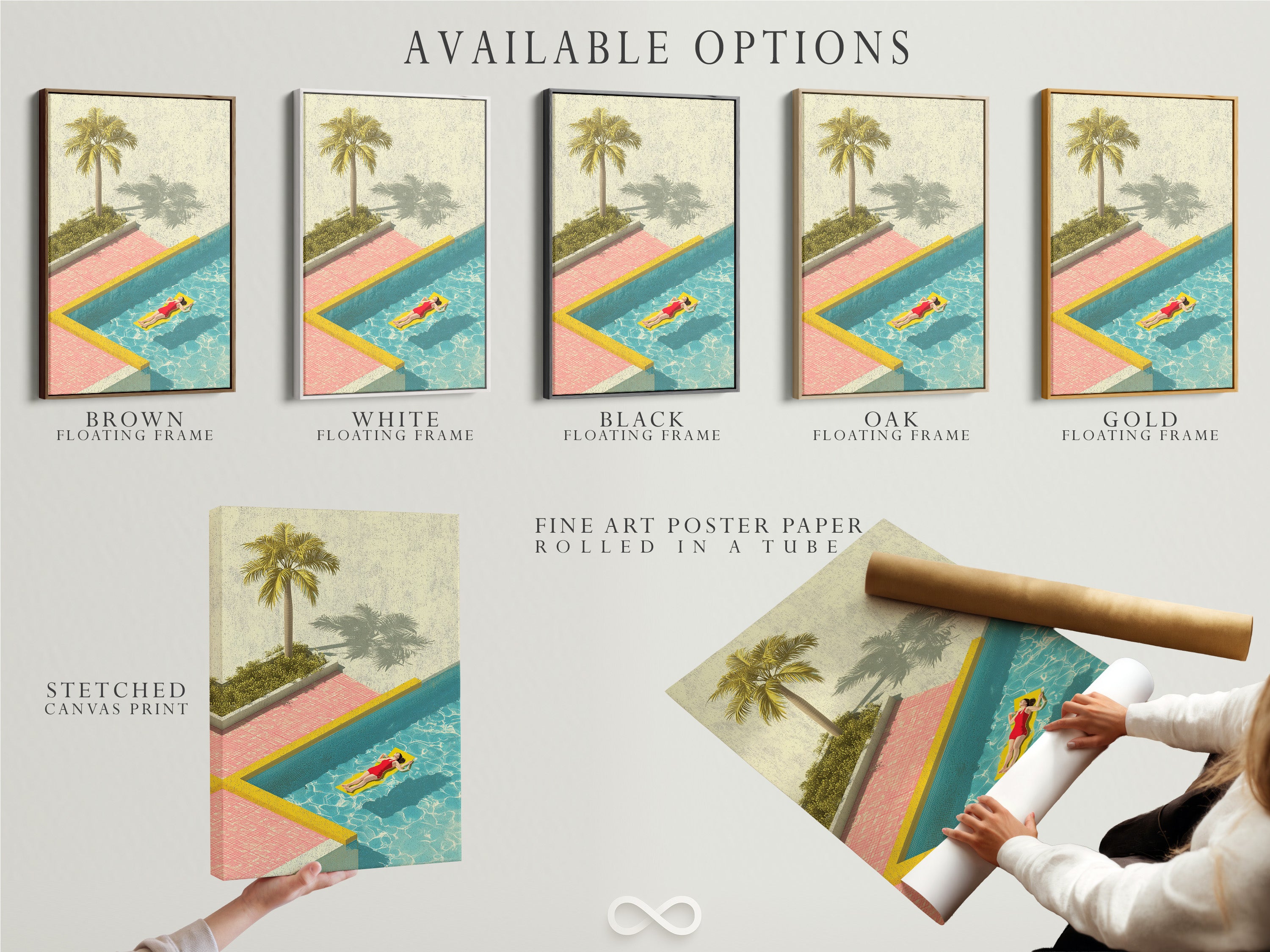 Available options displayed include a stretched canvas print fine art poster paper and a floating frame. Each option offers a unique way to display your art. Choose the perfect combination to suit your style. Explore the possibilities for your artwork.