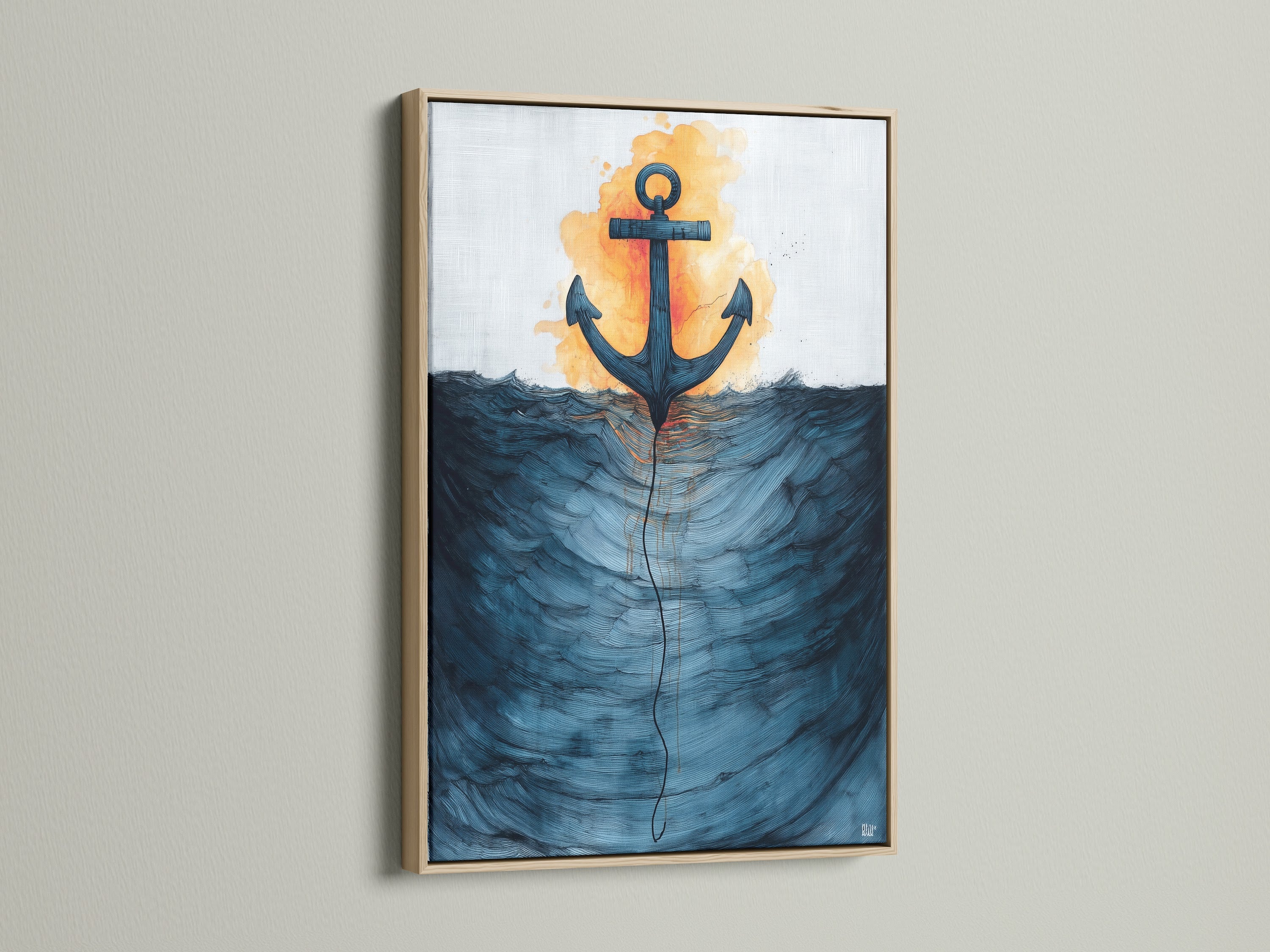 A close up view of nautical artwork. The art is an anchor and ocean waves. It is framed in a natural oak frame. This maritime art adds a touch of the sea. Perfect for a beach house or coastal decor.