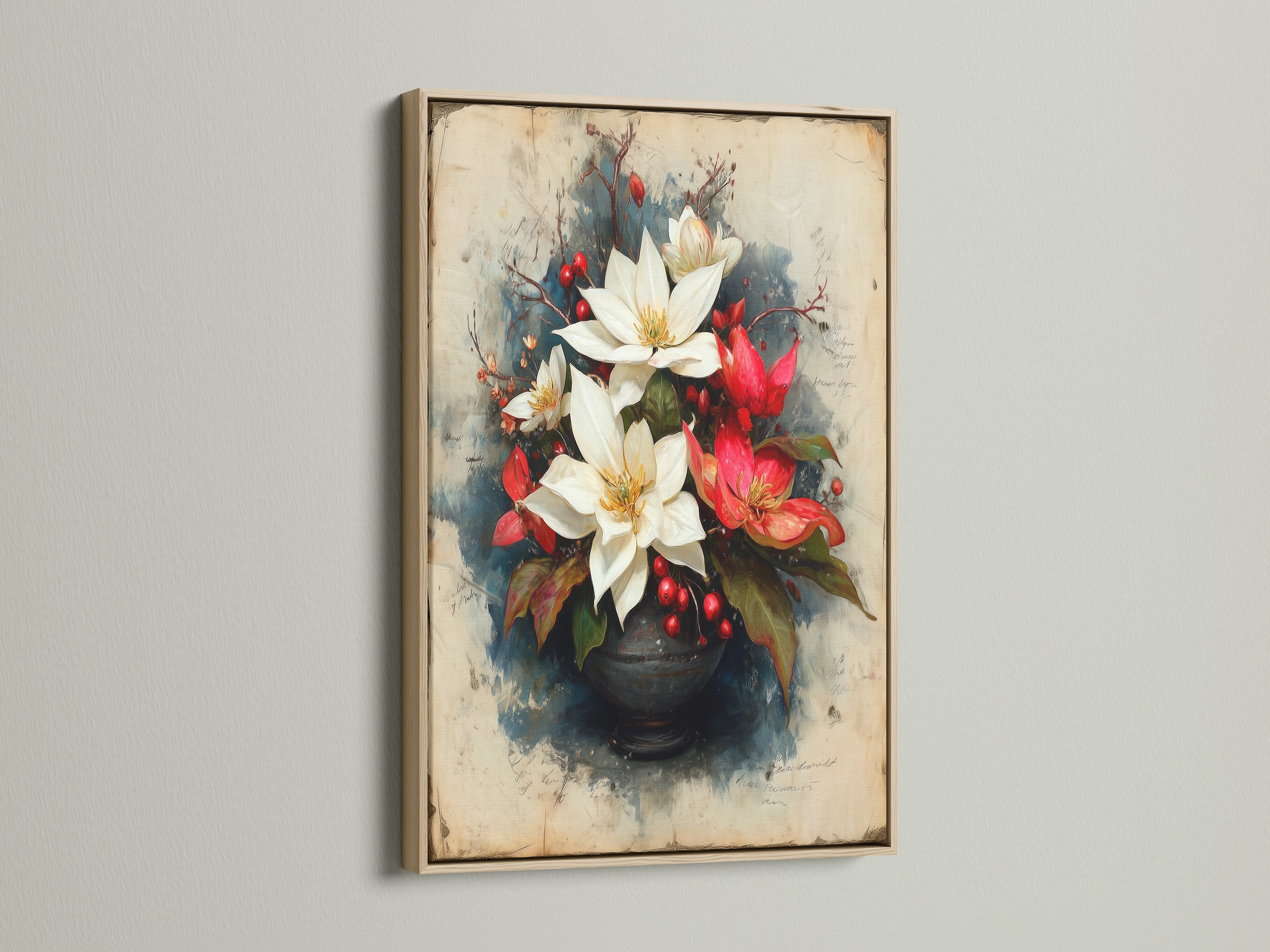 Poinsettia floral artwork is framed in oak. The vintage print enhances the red and white flower art. This floral canvas is perfect for dining room art. A botanical print adds sophistication. Ideal as a Christmas gift.