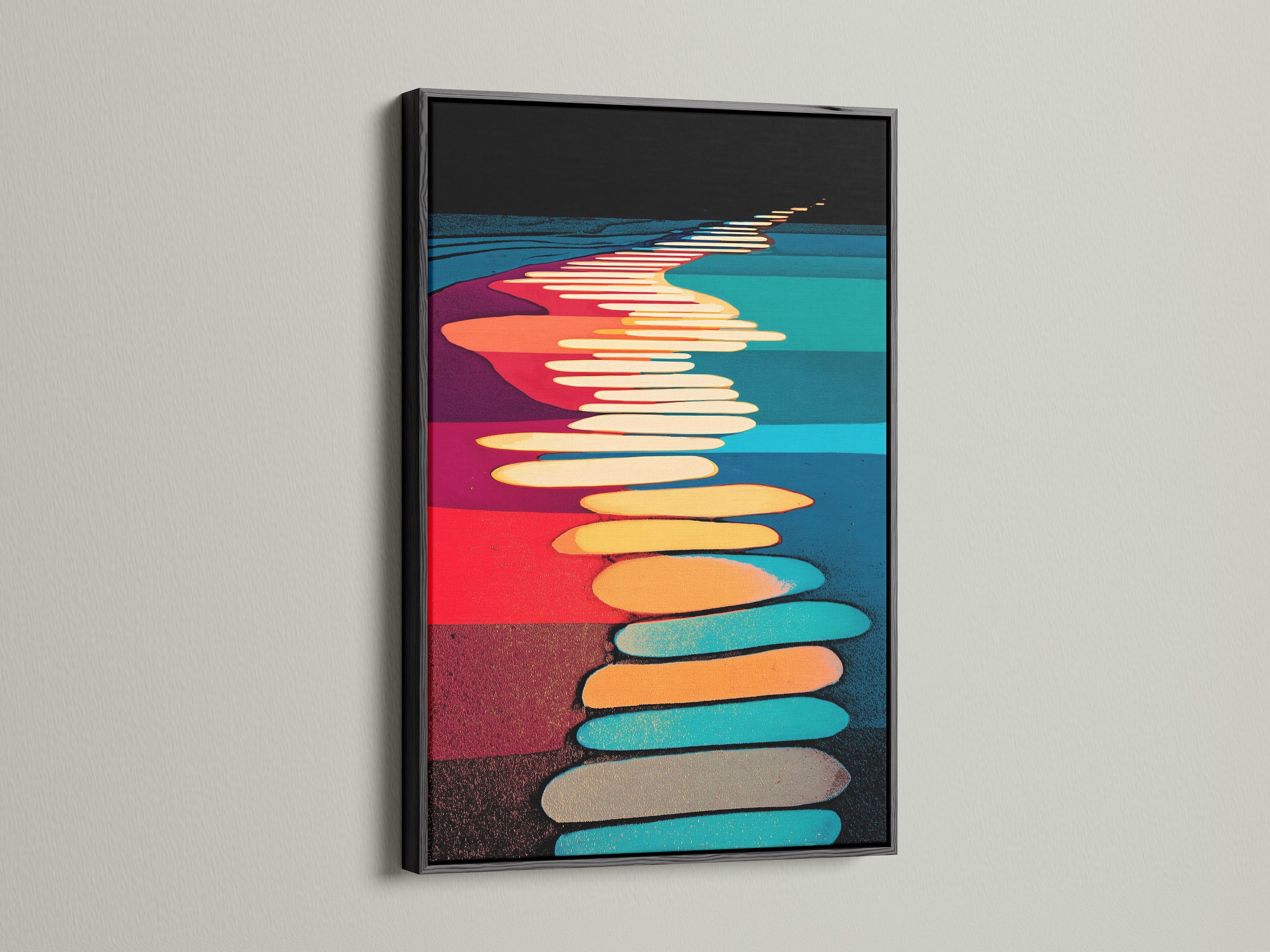 Modern colorful wall art in a black frame. This abstract pathway artwork offers a contemporary feel. The geometric print adds a touch of vibrancy. See how this modern canvas art enhances your space. This artwork is perfect for home wall decor. Explore our abstract artwork.
