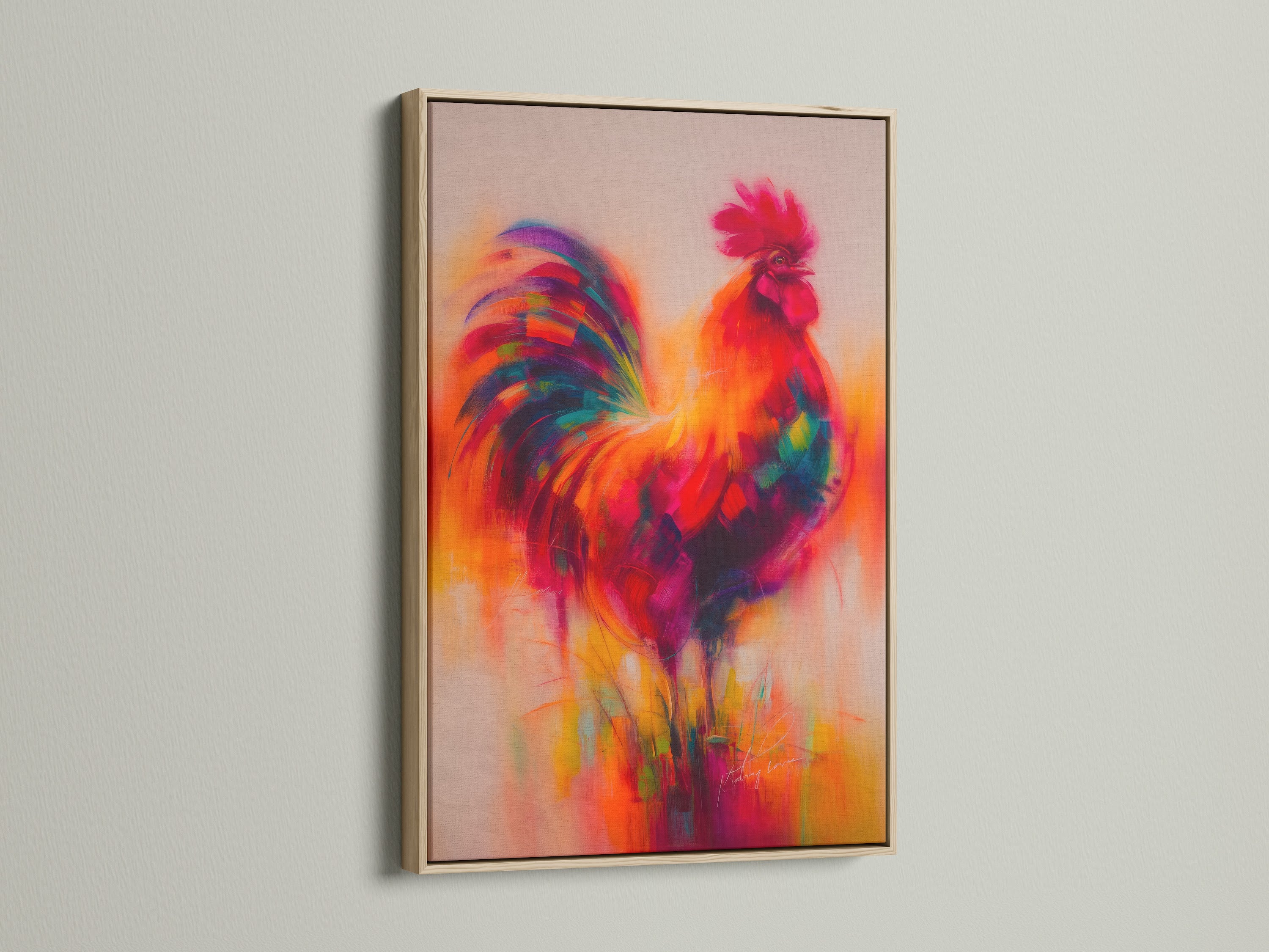 A vibrant rooster artwork is framed in oak. This farm animal print adds a rustic touch to any room. The colorful canvas art enhances farmhouse kitchens. It provides a cozy country feel. Elevate your wall decor with this stunning piece. Perfect for country style boardrooms.