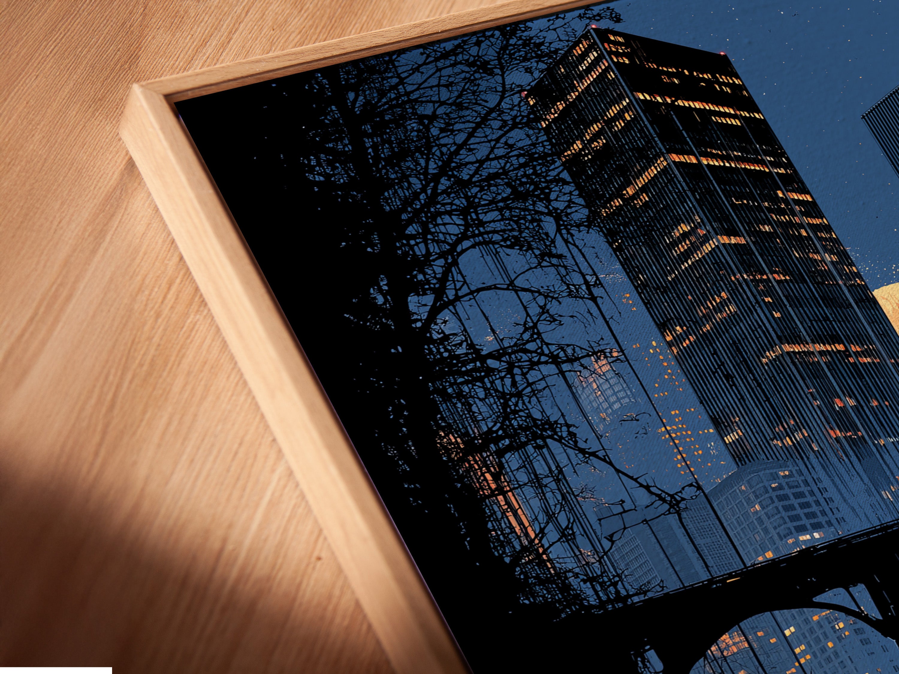 Close up of a canvas print in a floating frame. The urban wall art shows a waterfall design. The contemporary cityscape canvas enhances a modern aesthetic. The floating frame adds a unique touch to the skyscraper print. Perfect for elevated wall decor.