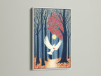 Dove in Forest artwork in a white frame. A peaceful dove flies through an autumn forest. This serene nature artwork complements any interior. It enhances living rooms bedrooms and offices. A thoughtful gift for peace.