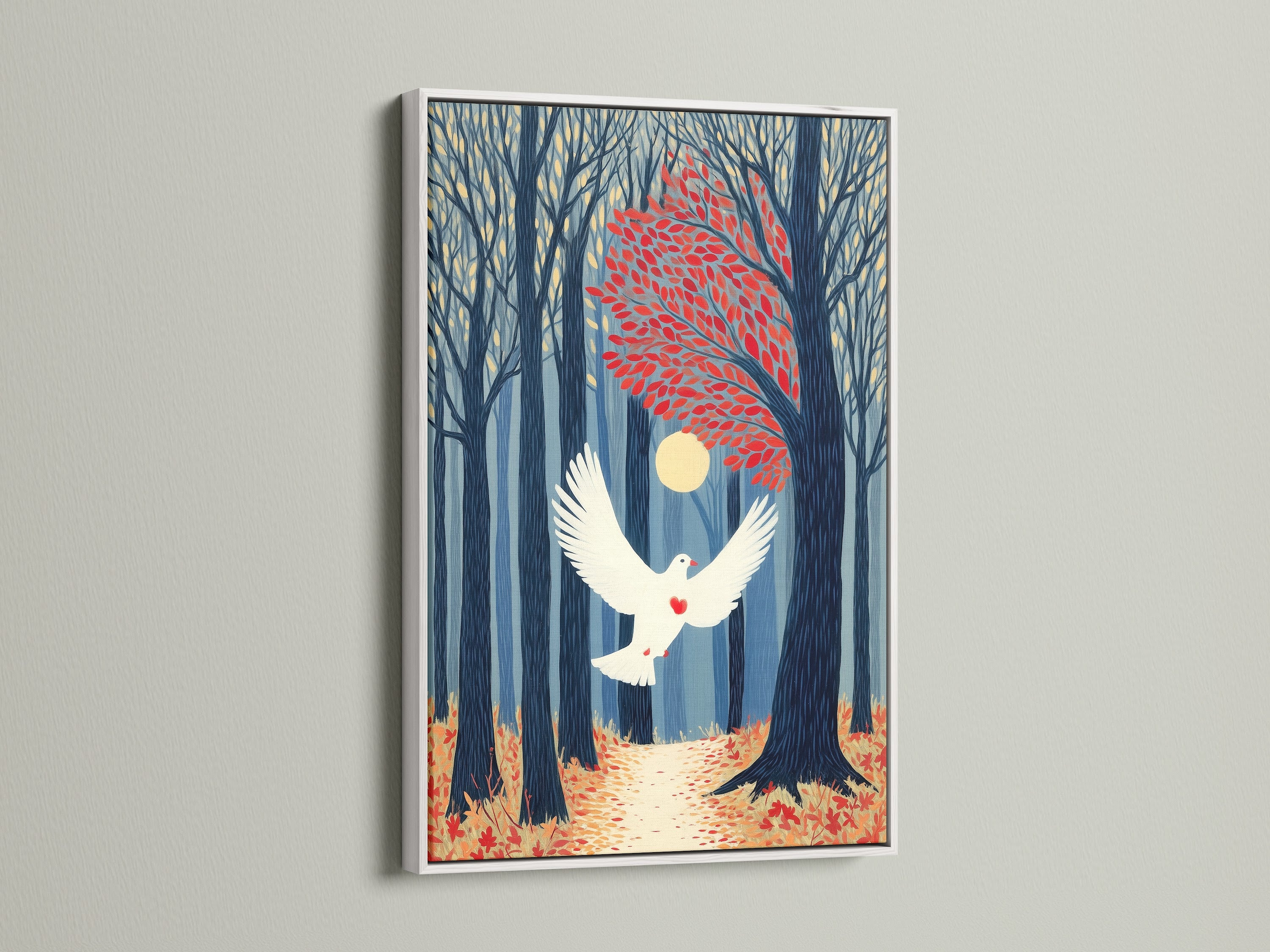 Dove in Forest artwork in a white frame. A peaceful dove flies through an autumn forest. This serene nature artwork complements any interior. It enhances living rooms bedrooms and offices. A thoughtful gift for peace.