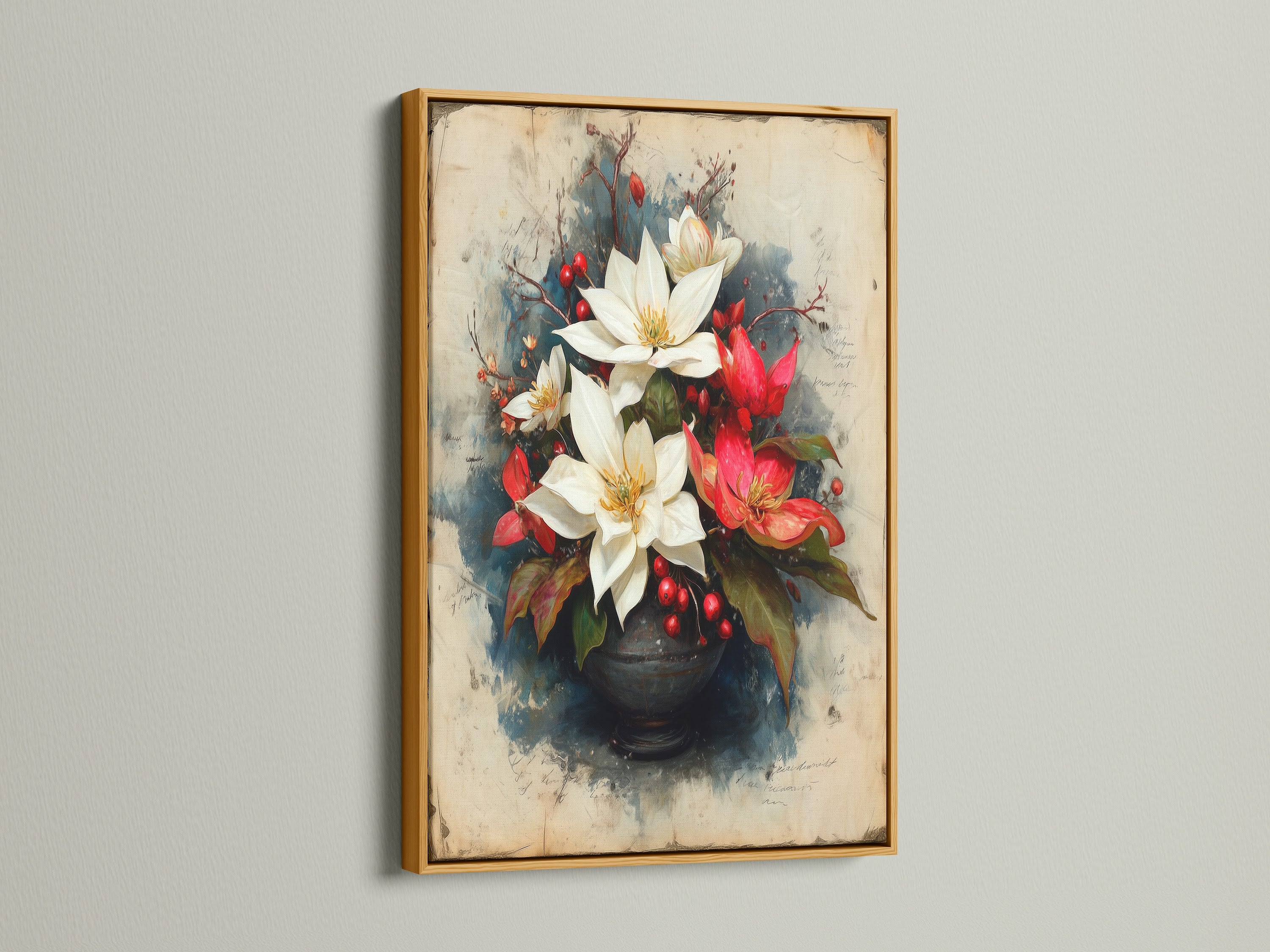 Poinsettia vintage floral wall art in a gold frame. The red and white flower artwork is a stunning botanical print. This floral canvas adds elegance to any space. Perfect for holiday decor or dining room art. Ideal as a Christmas gift.