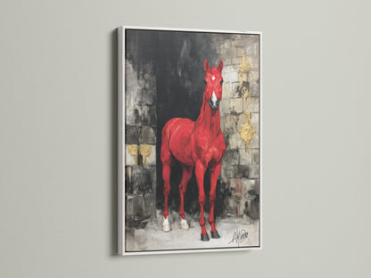 The modern red horse art is presented in a clean white frame. This frame offers a fresh look. Perfect for adding a bold animal print to your space. The white frame enhances the vibrant colors of this equine artwork.