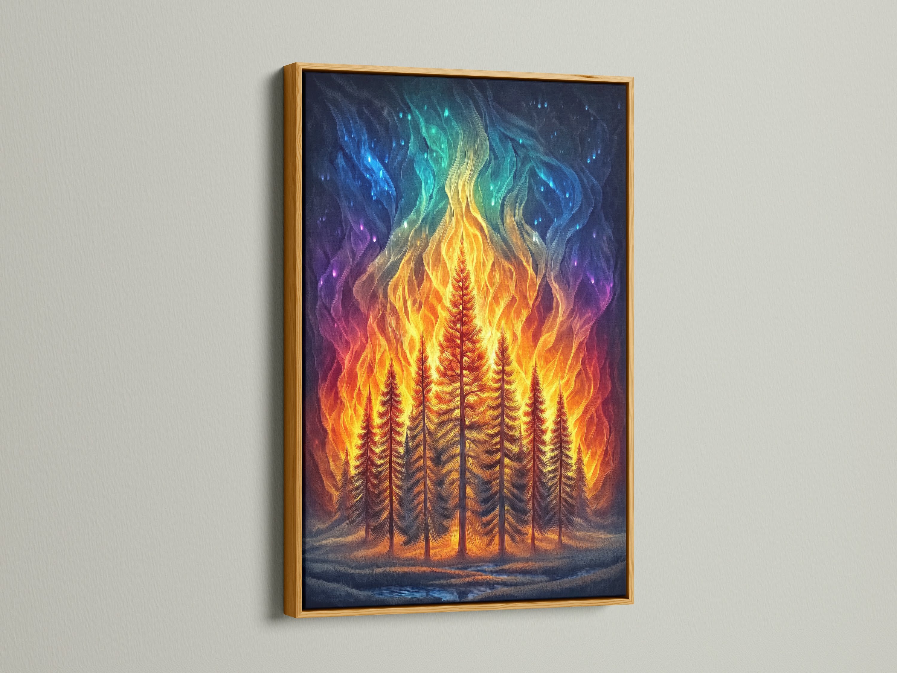 Aurora Forest vibrant art print with a gold frame. This fantasy print brings a magical forest to your home. The landscape art is a perfect addition to your wall decor. The colorful artwork complements modern interiors. The celestial tree artwork is eye-catching.