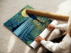 A woman carefully rolls a fine art poster paper of Moonlight Reflection. The artwork is ready for framing or display. High-quality paper ensures vibrant colors. The artwork will last for years. Perfect for art enthusiasts.
