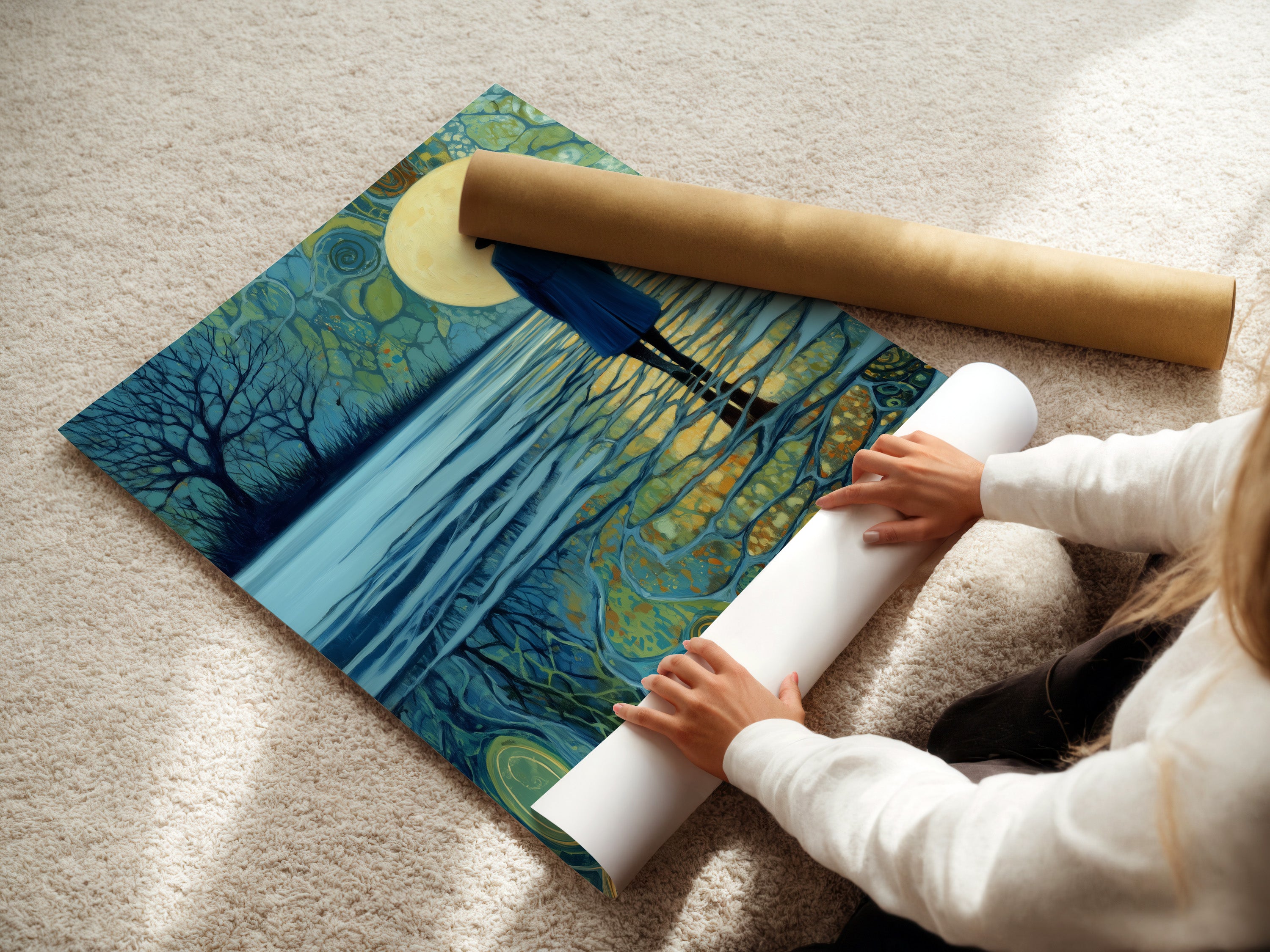 A woman carefully rolls a fine art poster paper of Moonlight Reflection. The artwork is ready for framing or display. High-quality paper ensures vibrant colors. The artwork will last for years. Perfect for art enthusiasts.