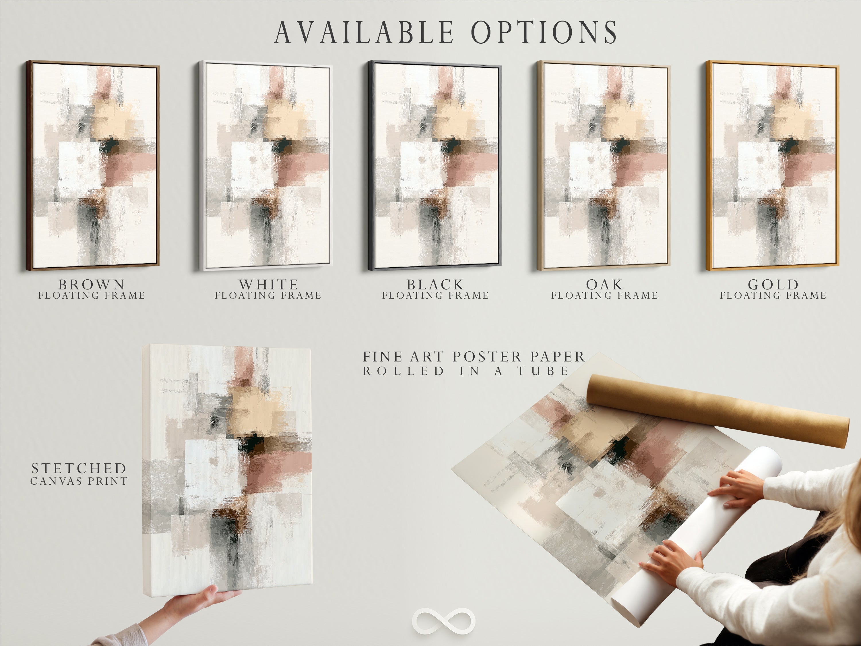 Available options are showcased including a stretched canvas print. A fine art poster paper and a floating frame are shown. The abstract artwork features neutral blush pink and gray tones. Choose the perfect option to suit your style. These options enhance modern minimalist interiors.