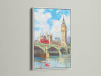 London Big Ben art in a white frame. This British cityscape artwork captures Westminster Bridge. The white frame enhances the artwork. It will complement contemporary minimalist or classic interiors.